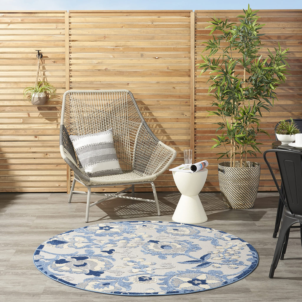 Nourison Aloha Indoor/Outdoor Blue/Grey 5'3' X Round Area Rug, Easy Cleaning, Non Shedding, Bed Room, Living Room, Dining Room,