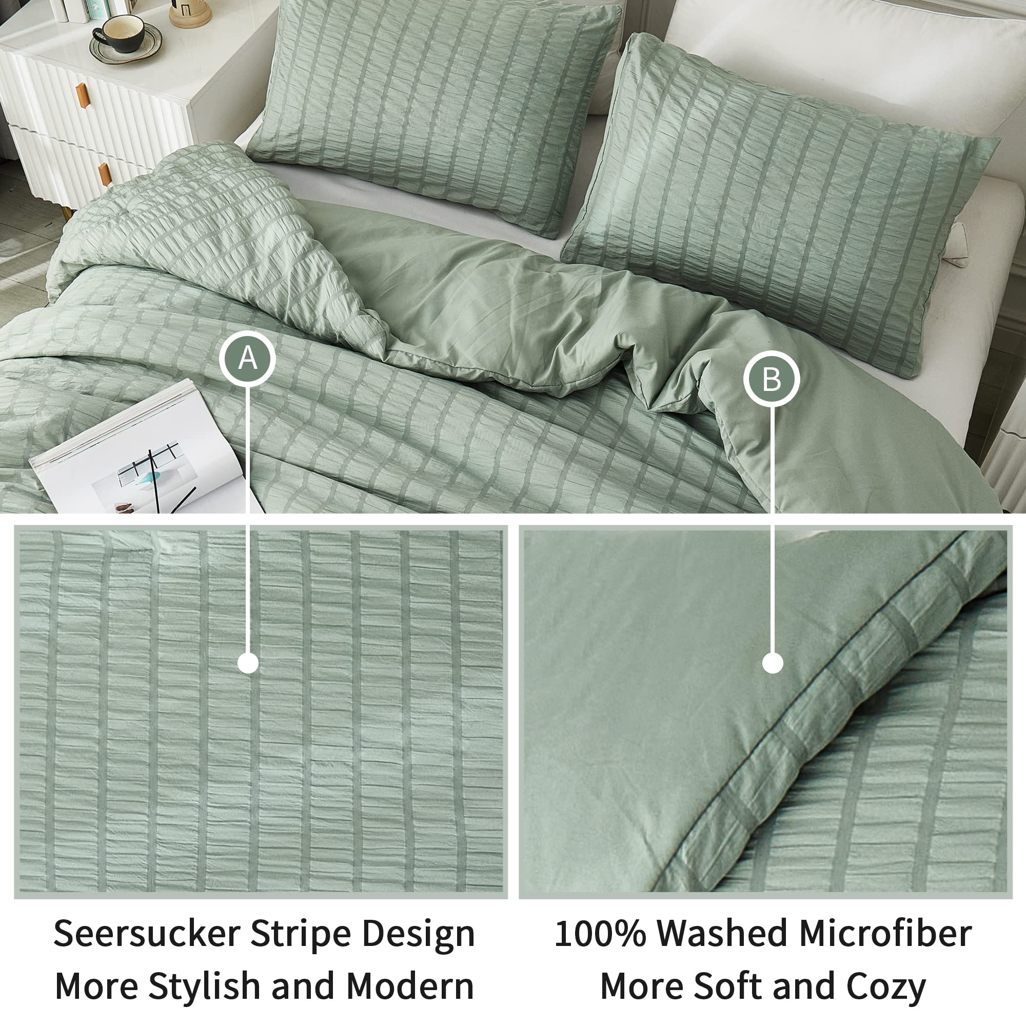 Avelom Sage Green Seersucker Twin/Twin Xl Comforter Set (68X90 Inches), 2 Pieces-100% Soft Microfiber Lightweight Comforter With 1 Pillowcase, All Season Down Alternative Comforter Set For Bedding
