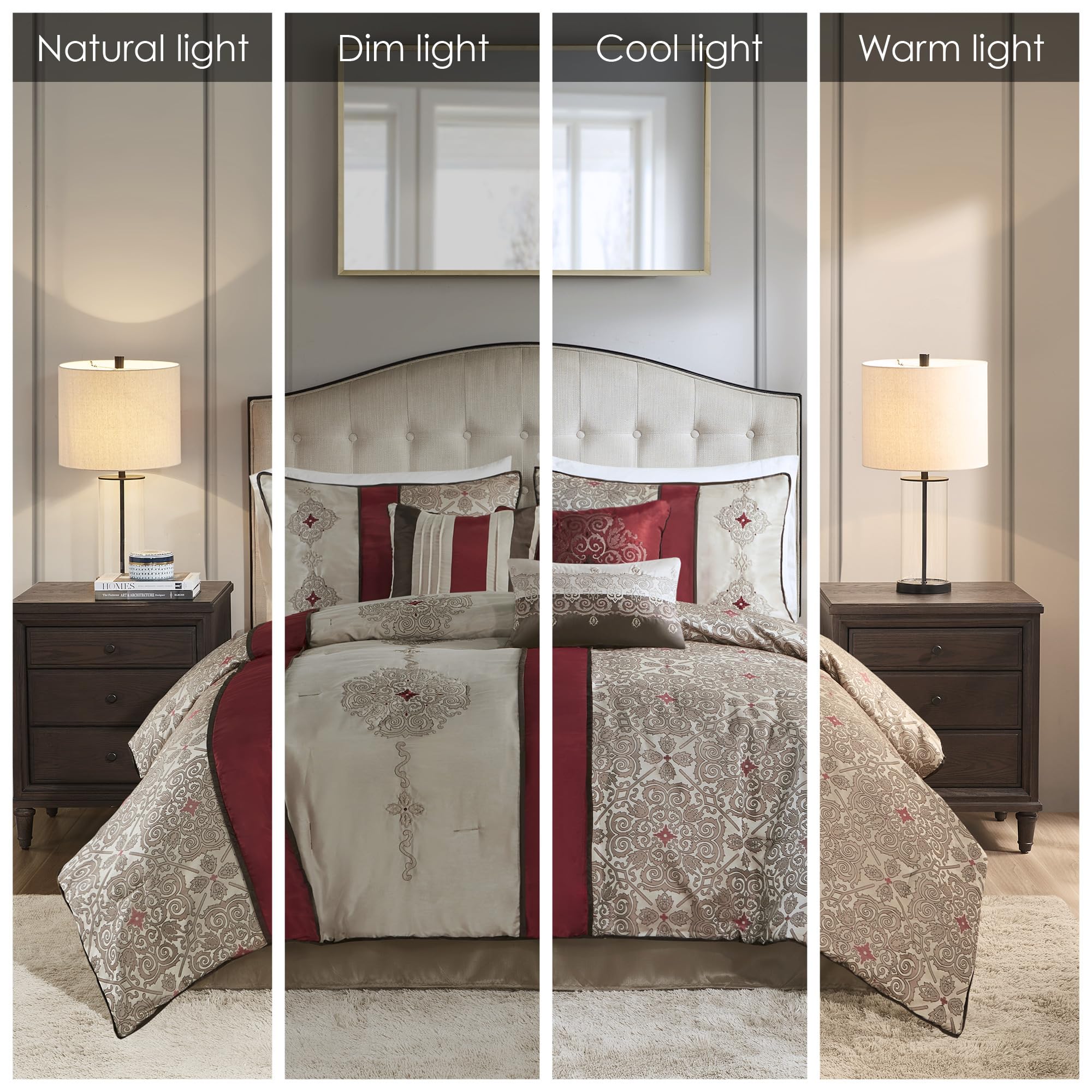 Madison Park Comforter Faux Silk-Traditional Luxurious Jacquard Design All Season Set, Matching Bed Skirt, Decorative Pillows, King(104'X92'), Red 7 Piece