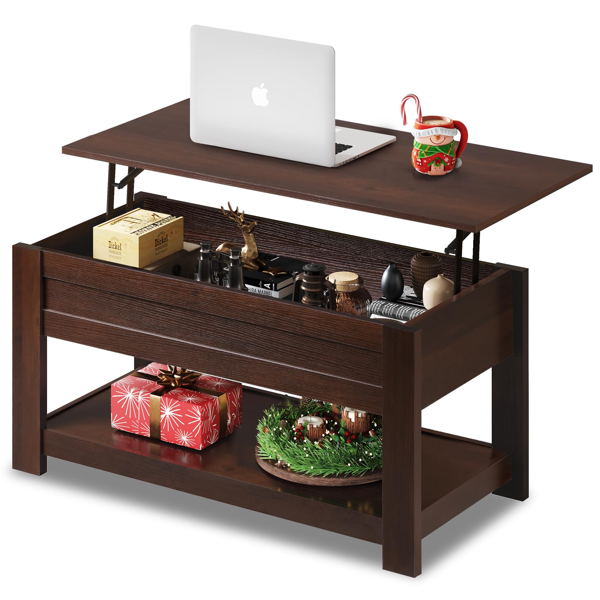 Wlive Coffee Table, 39' Lift Top Coffee Table With Hidden Compartment And Storage Shelf For Living Room, Red-Brown