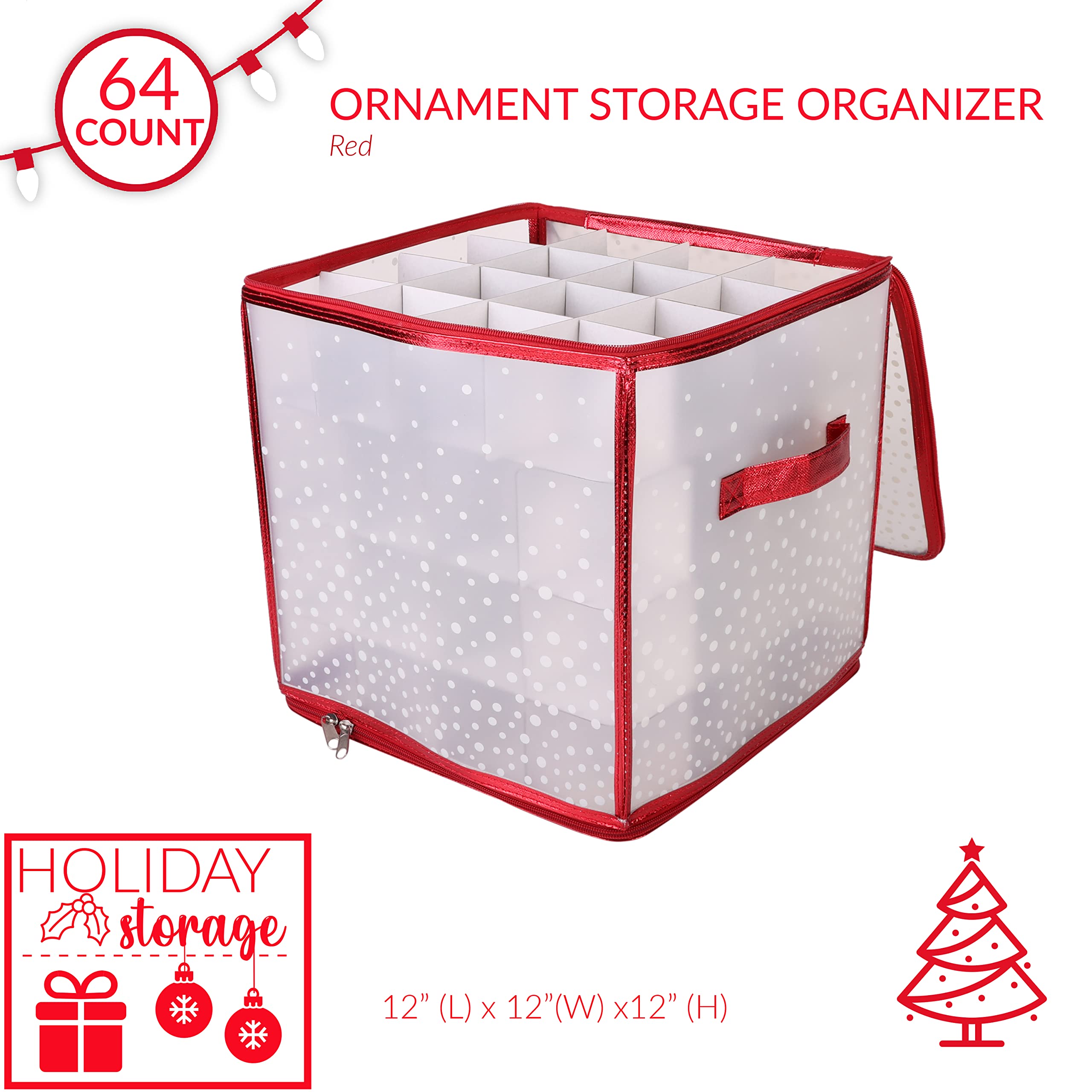 Simplify 64 Count Ornament Storage Box | Plastic | Decorative Organizer | Storage Bin | Red | L12 X W12 X H12