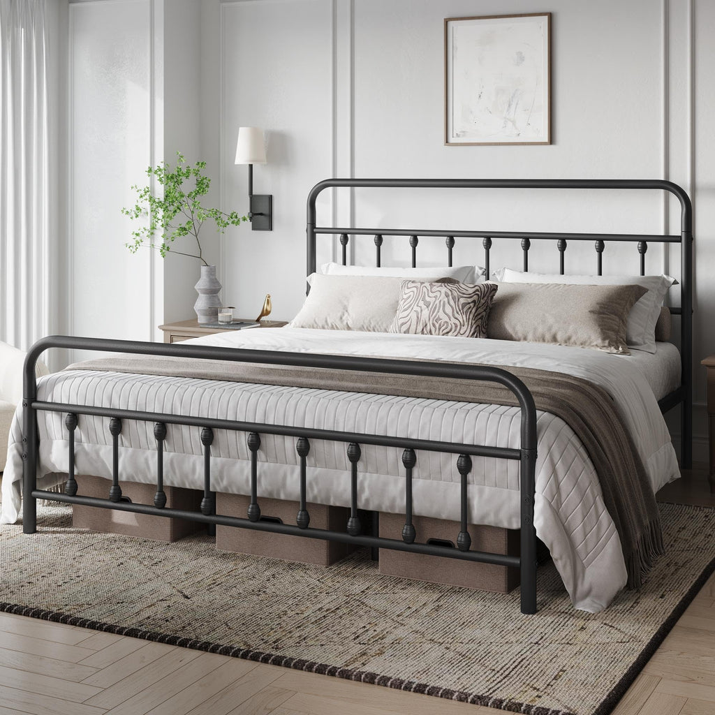 Yaheetech Classic Metal Platform Bed Frame Mattress Foundation With Victorian Style Iron-Art Headboard/Footboard/Under Bed Storage/No Box Spring Needed/California King Size Black