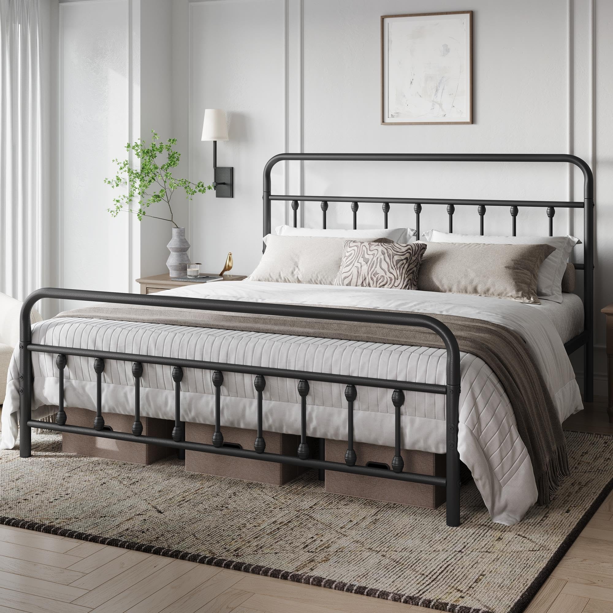 Yaheetech Classic Metal Platform Bed Frame Mattress Foundation With Victorian Style Iron-Art Headboard/Footboard/Under Bed Storage/No Box Spring Needed/California King Size Black