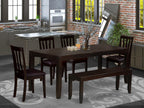 East West Furniture LYAN6-CAP-LC Lynfield 6 Piece Set Contains a Rectangle Dining Room Table with Butterfly Leaf and 4 Faux Leather Upholstered Chairs with a Bench, 36x66 Inch, Cappuccino