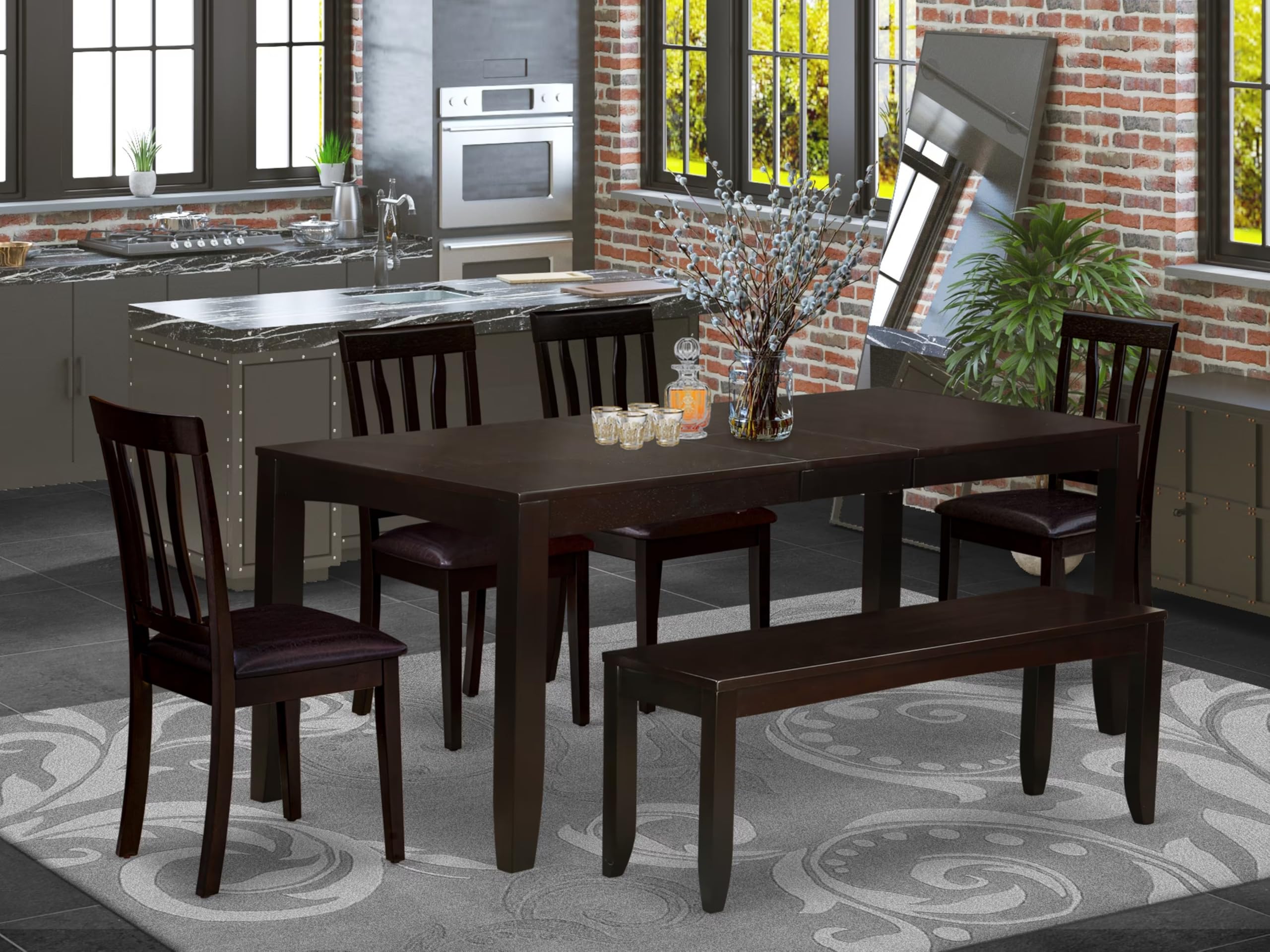 East West Furniture LYAN6-CAP-LC Lynfield 6 Piece Set Contains a Rectangle Dining Room Table with Butterfly Leaf and 4 Faux Leather Upholstered Chairs with a Bench, 36x66 Inch, Cappuccino