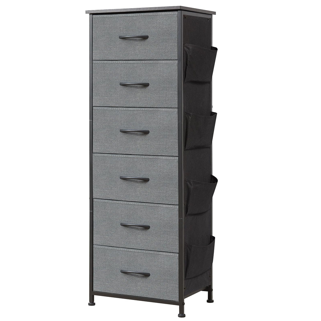Somdot Tall Dresser For Bedroom With 6 Drawers And Side Pockets, Storage Organizer Chest Of Drawers With Fabric Bins For Closet Bedside Nursery Living Room Entryway Hallway, Charcoal Grey
