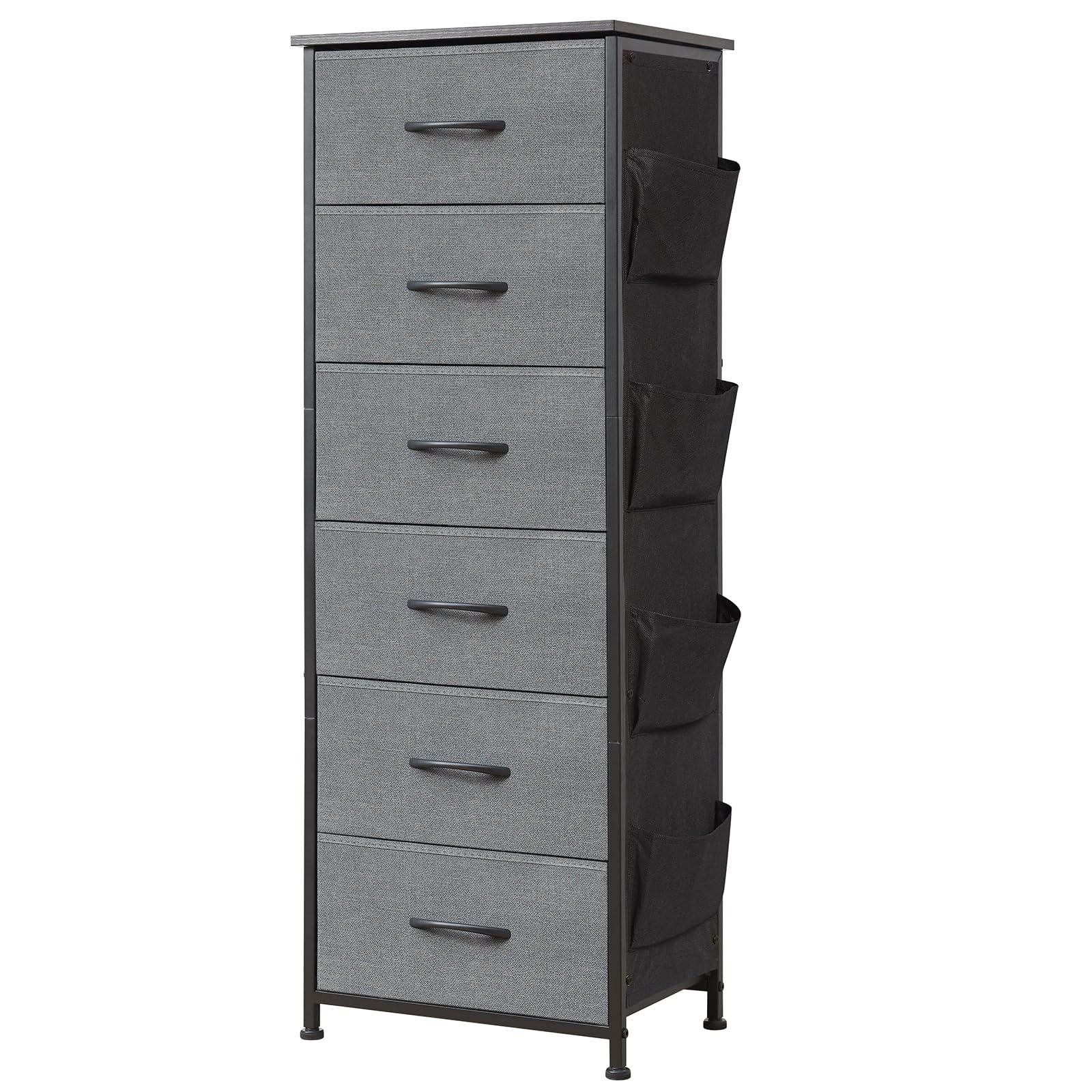 Somdot Tall Dresser For Bedroom With 6 Drawers And Side Pockets, Storage Organizer Chest Of Drawers With Fabric Bins For Closet Bedside Nursery Living Room Entryway Hallway, Charcoal Grey