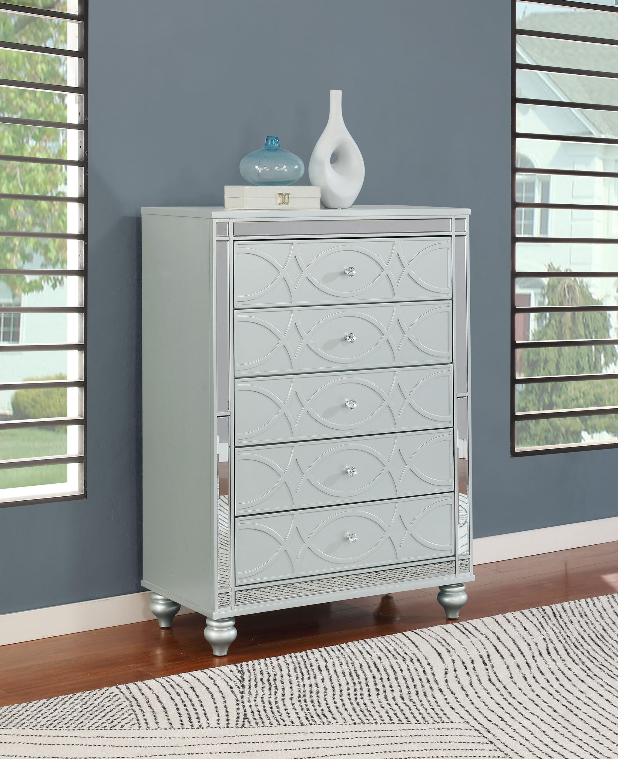Coaster Home Furnishings Gunnison Modern Classic Wood 5-Drawer Bedroom Chest of Drawers Chiffonier Clothing Storage Cabinet Bedroom Armoire Tall Dresser Organizer Unit Silver Metallic 223215