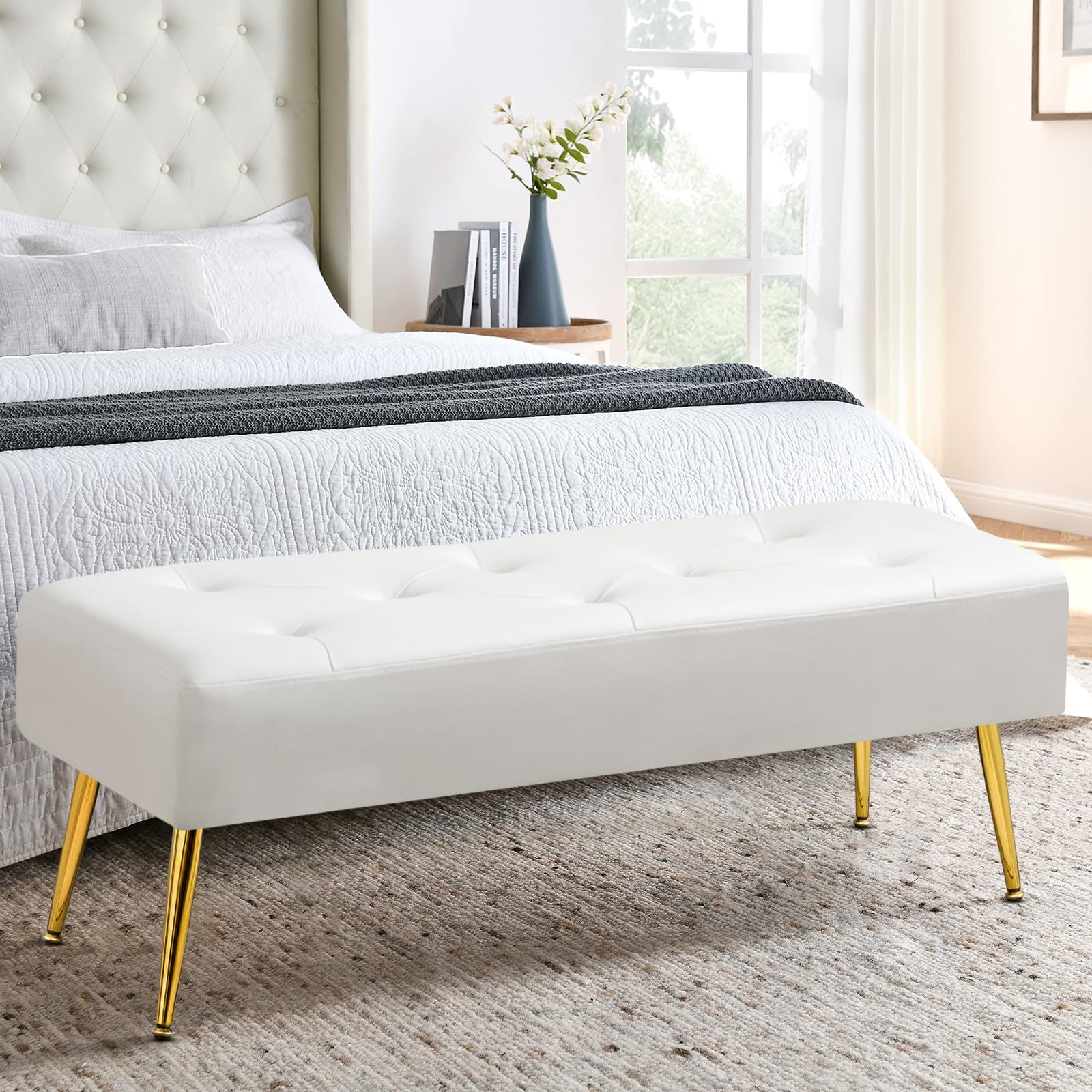 Furniliving Modern Pu Leather Benches, Upholstered Tufted Leather Bedroom Ottoman 44' Ottoman Bench With X-Shaped Metal Legs For Makeup Room, Solid Bed Bench For Foyer, Ivorywhite