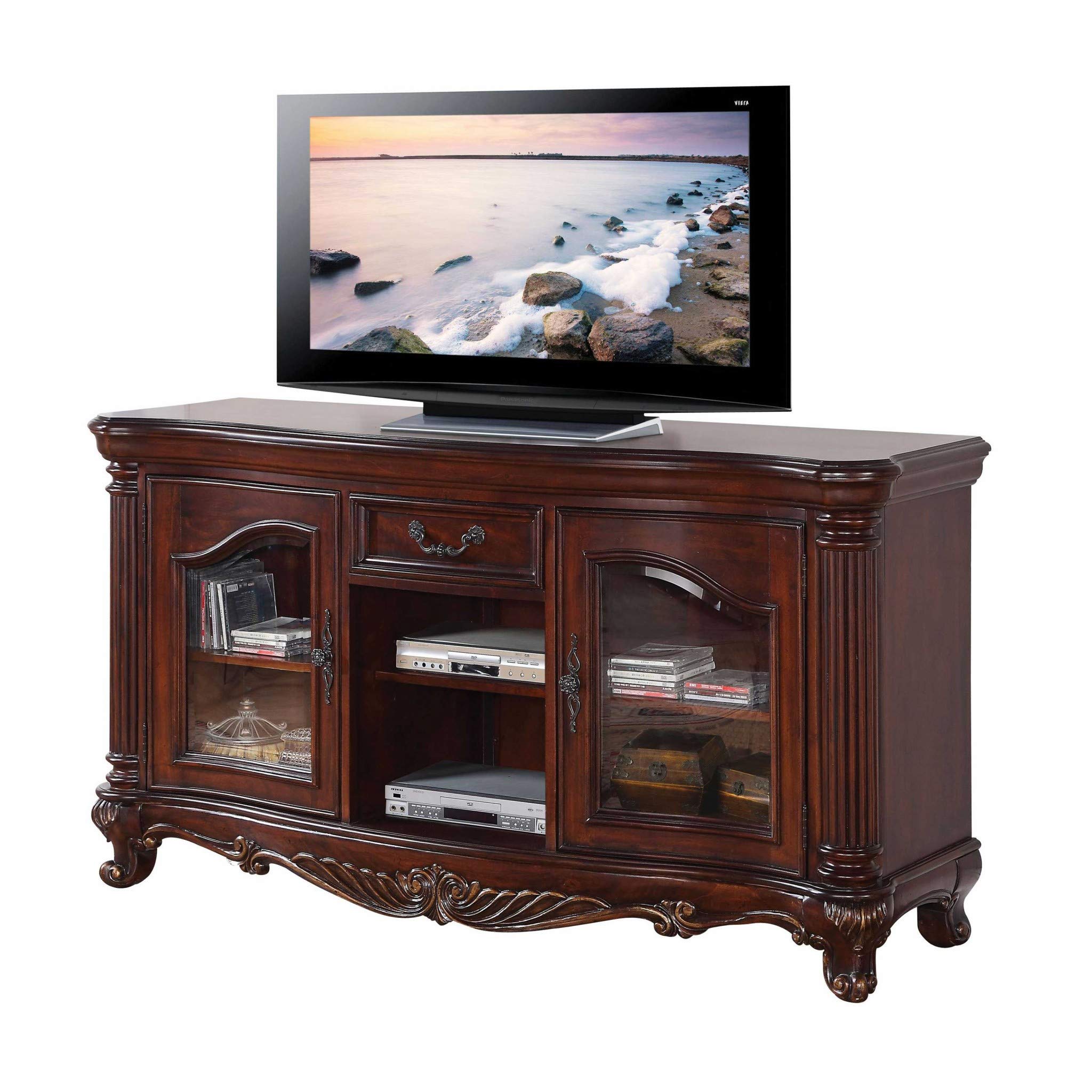 HomeRoots 20' x 65' x 34' Living Room Decorative Brown Cherry Wood Glass TV Stand