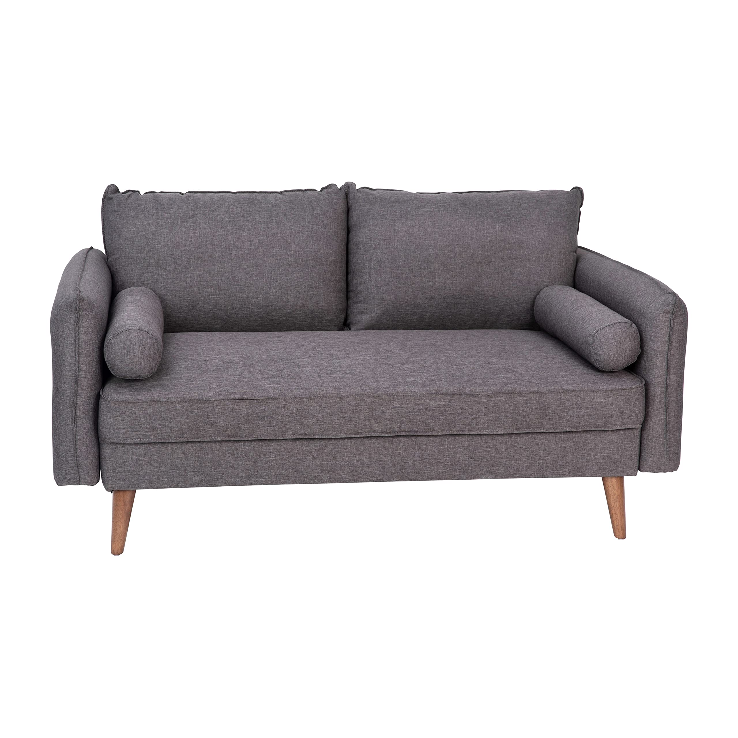 Flash Furniture Evie Mid-Century Modern Loveseat - Stone Gray Faux Linen Fabric Upholstery - Real Wood Frame And Legs