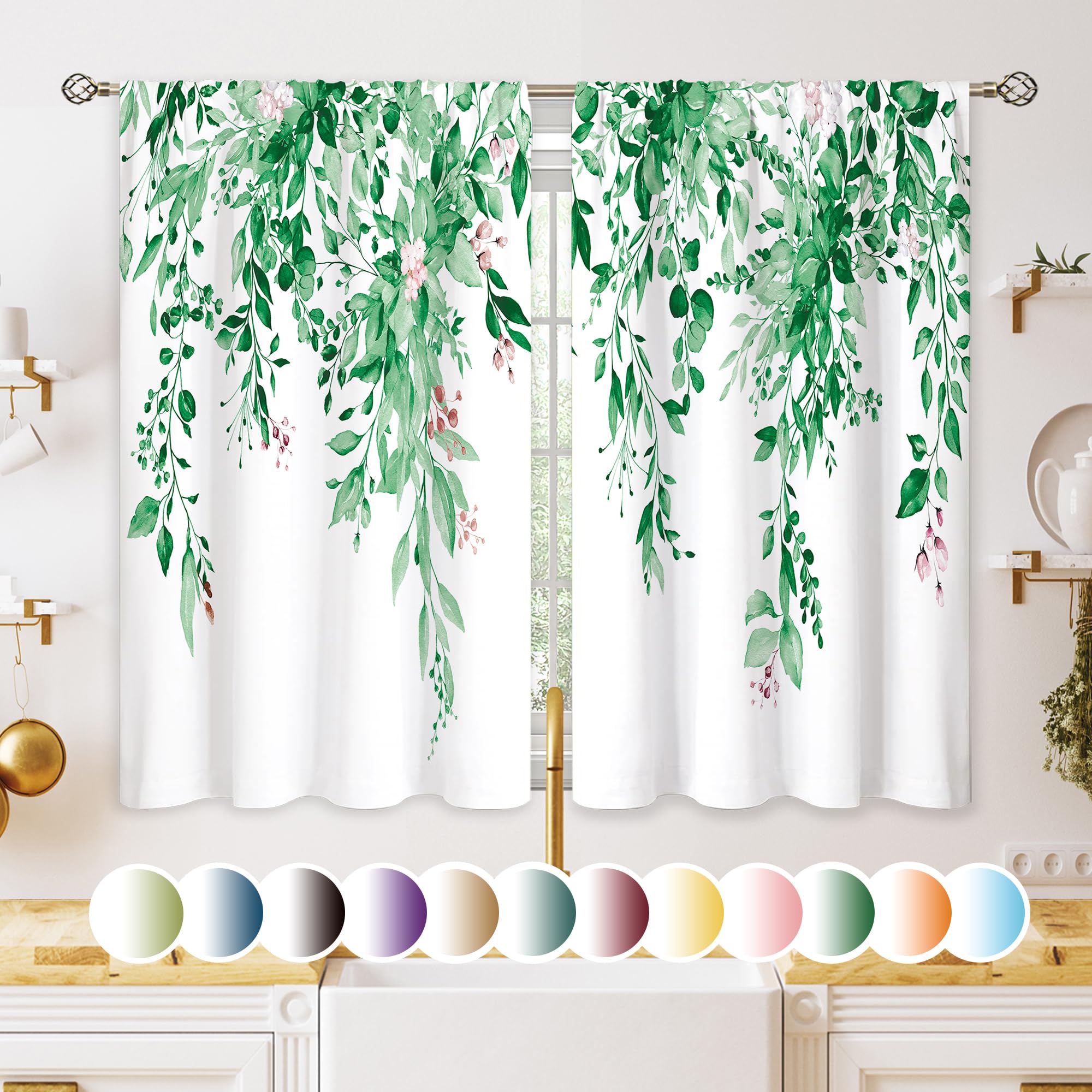 Oolygoo Emerald Teal Eucalyptus Botanical Leaves Floral Kitchen Window Curtains Over Sink Farmhouse Flower Spring Small Treatmen