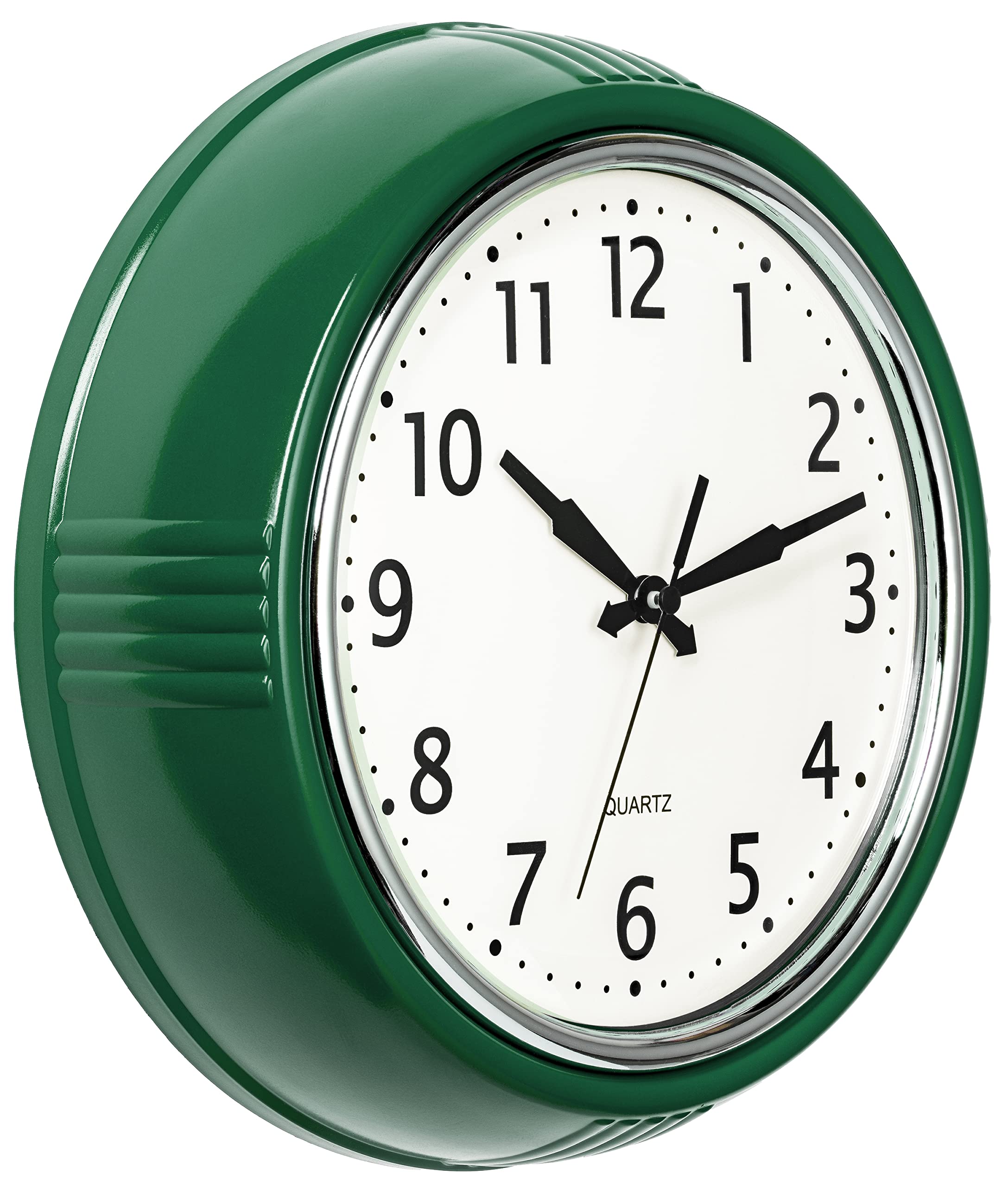 Bernhard Products Retro Wall Clock 9.5 Inch Hunter Green Kitchen 50s Vintage Design Round Silent Non-Ticking Quartz Battery Ope