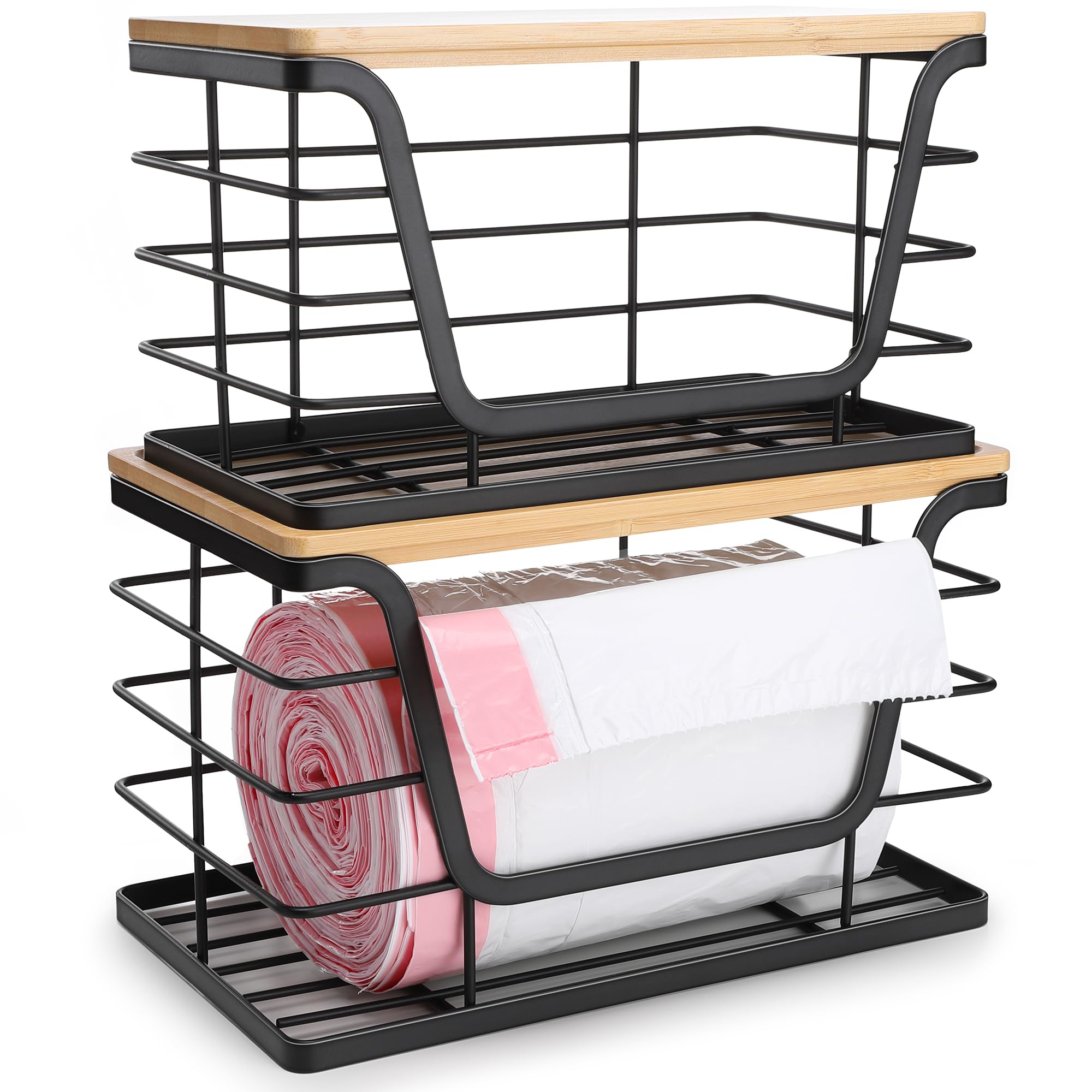 Aloceo 2 Pack Storage Stackable Kitchen Laundry Organizers With Bamboo Top, Wall Mount Large Trash Bag Holder And Standard Garba