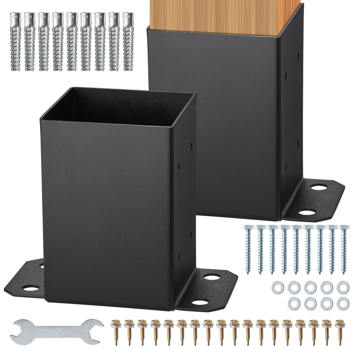 VEVOR 4x4 Post Base 2 Pcs, Inner Size 3.6''x3.6'' Post Base Brackets, Heavy Duty Powder-Coated Post Anchor Matte Black Wood Post