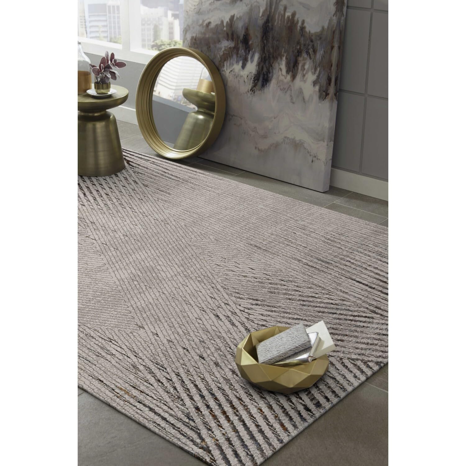 HomeRoots 8'X11' Ivory Grey Machine Woven Geometric Lines Indoor Area Rug