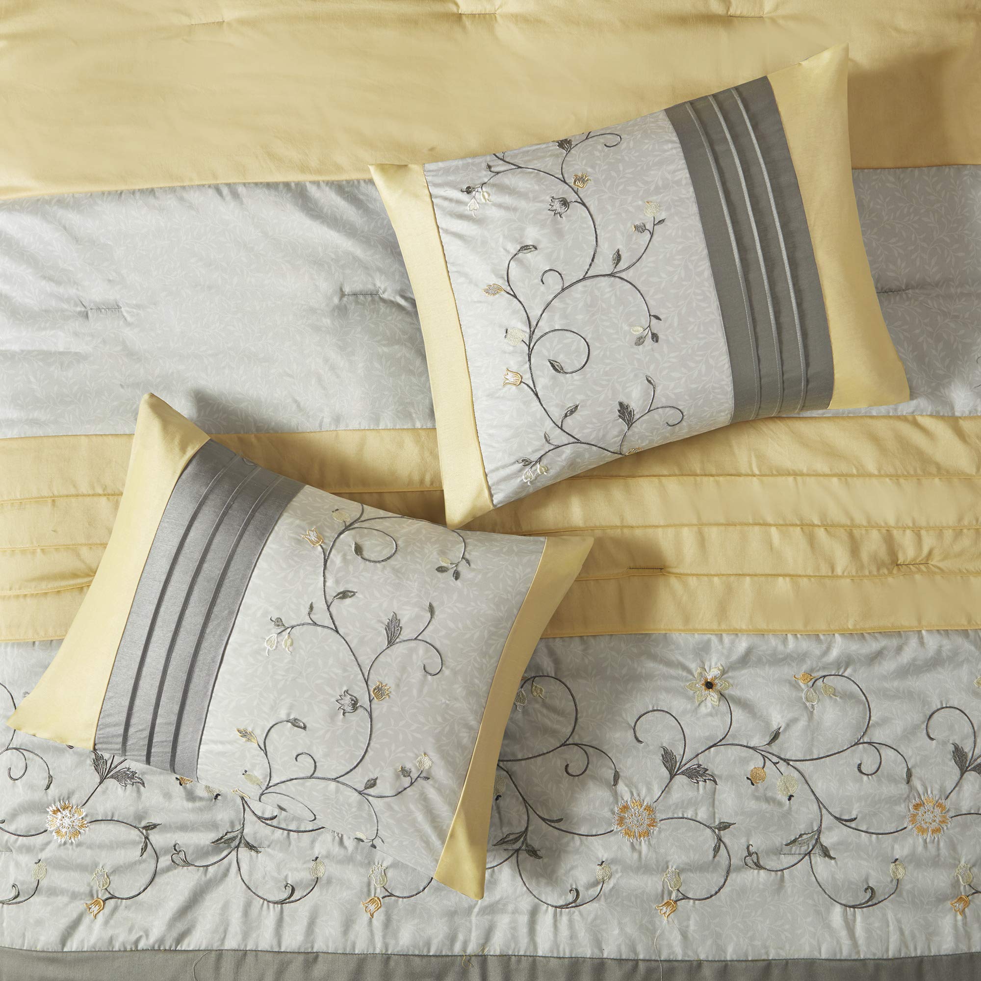 Madison Park Serene Faux Silk Comforter Set - Floral Embroidery Design, All Season Bedding Set, Matching Bed Skirt, Decorative Pillows, Yellow Cal King(104'X92') 7 Piece