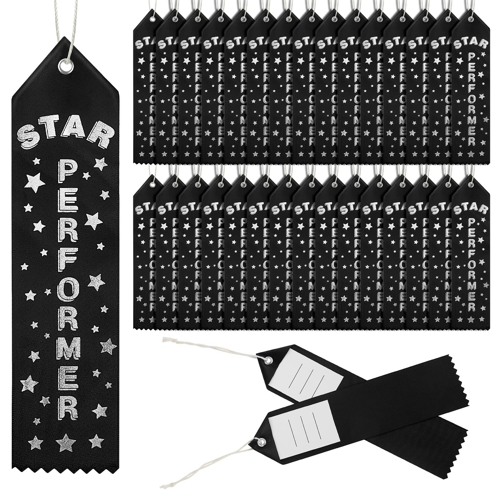 Tigeen 100 Pcs Star Performer Award Ribbons Honorable Mention Black Ribbons With Event Card And String Participation Ribbon Meda