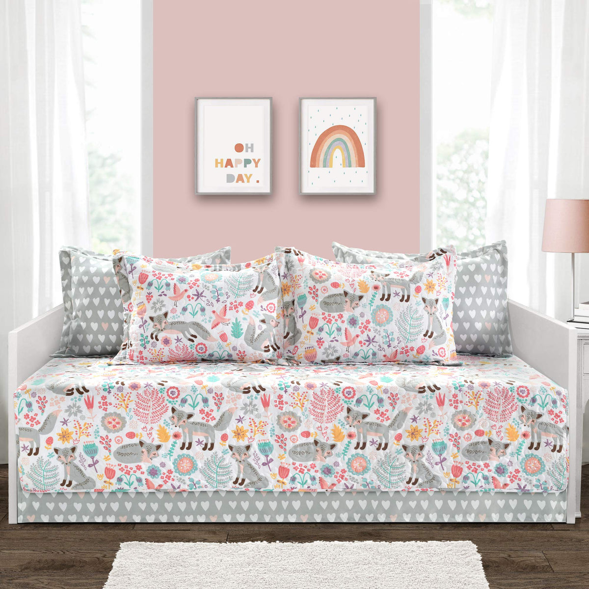 Lush Decor Pixie Fox Daybed Cover Set, 6 Piece Set, 39' W X 75' L, Gray & Pink - Whimsical Daybed Bedding - Floral & Heart Pri
