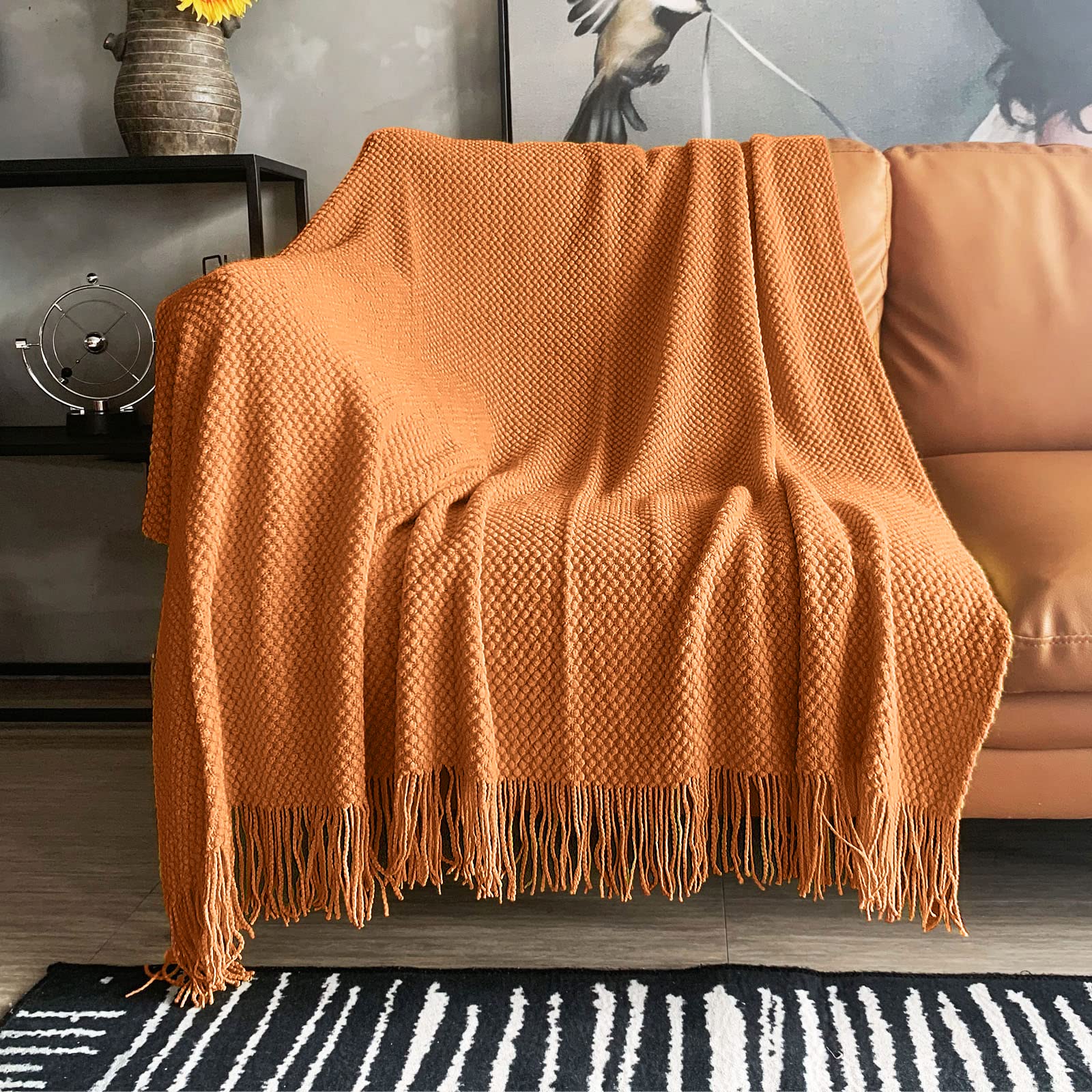 Lomao Knitted Throw Blanket With Tassels Bubble Textured Lightweight Throws For Couch Cover Home Decor (Orange, 60X80)