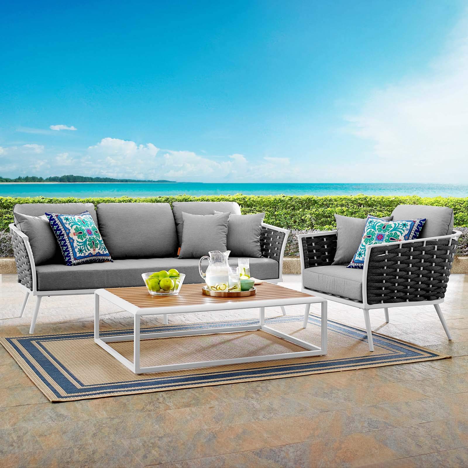 Modway Stance Outdoor Patio Aluminum, Sofa, Armchair And Coffee Table, White Gray
