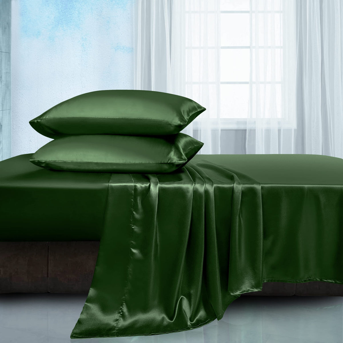 Manyshofu Satin Queen Sheets Set 4 Piece - Soft Silky Satin Sheets Set, Emerald Green Satin Bed Sheets Cooling & Luxury Bedding