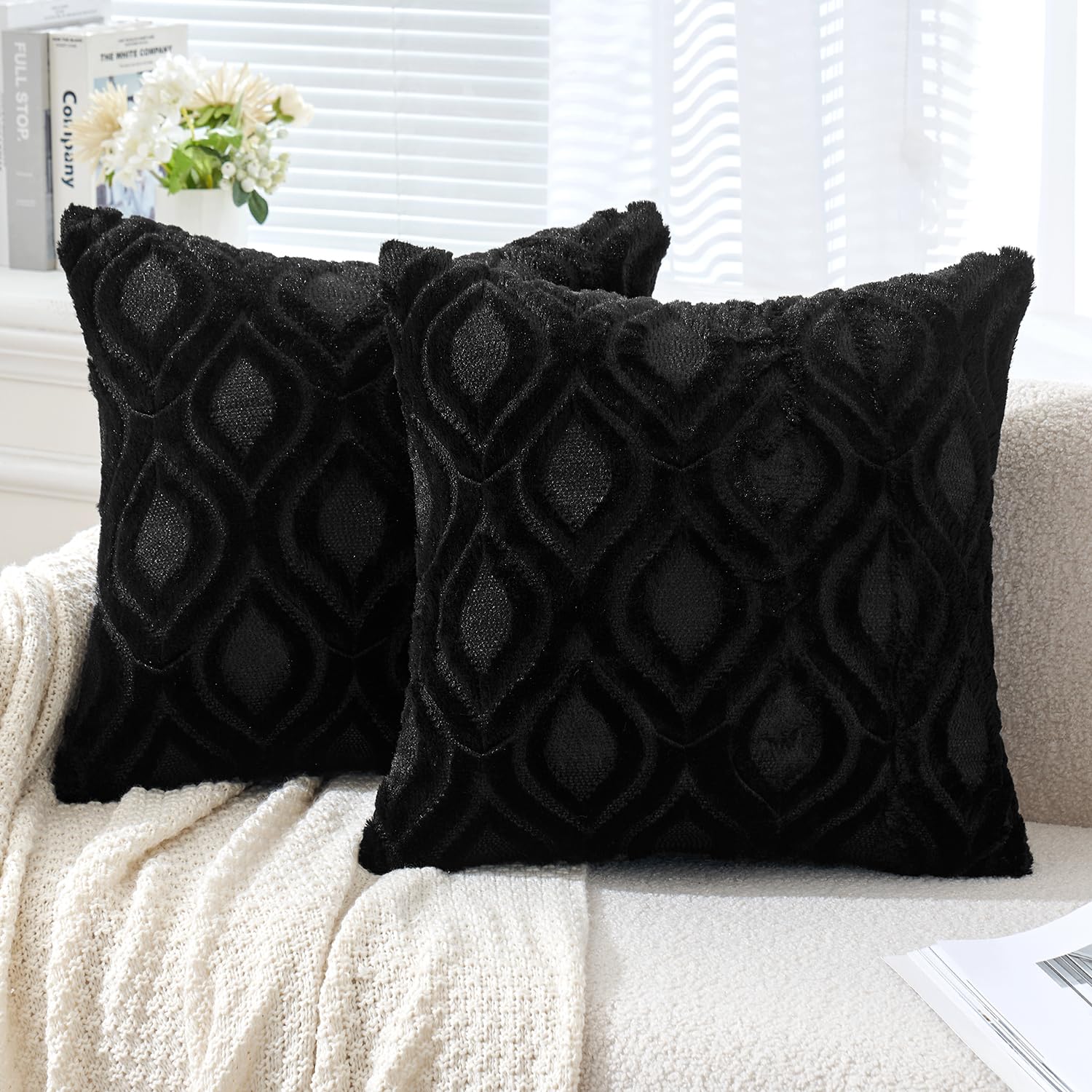 Miulee Black Throw Pillow Covers 16X16 Inch, Soft Plush Faux Wool Couch Pillow Covers Set Of 2 Decorative Farmhouse Boho Throw P