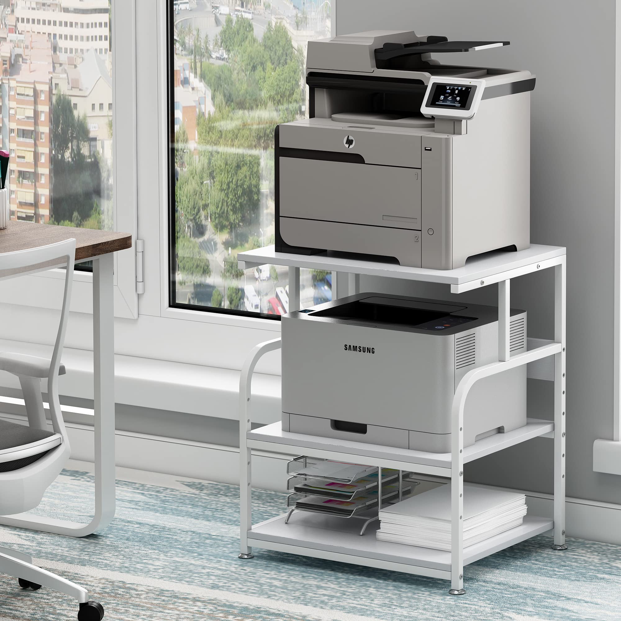 Fannova White Printer Stand, 23.6 X18.9 X 29.5 Inches Big Size Printer Table With Adjustable Shelf, 3 Tier Rolling Printer Cart