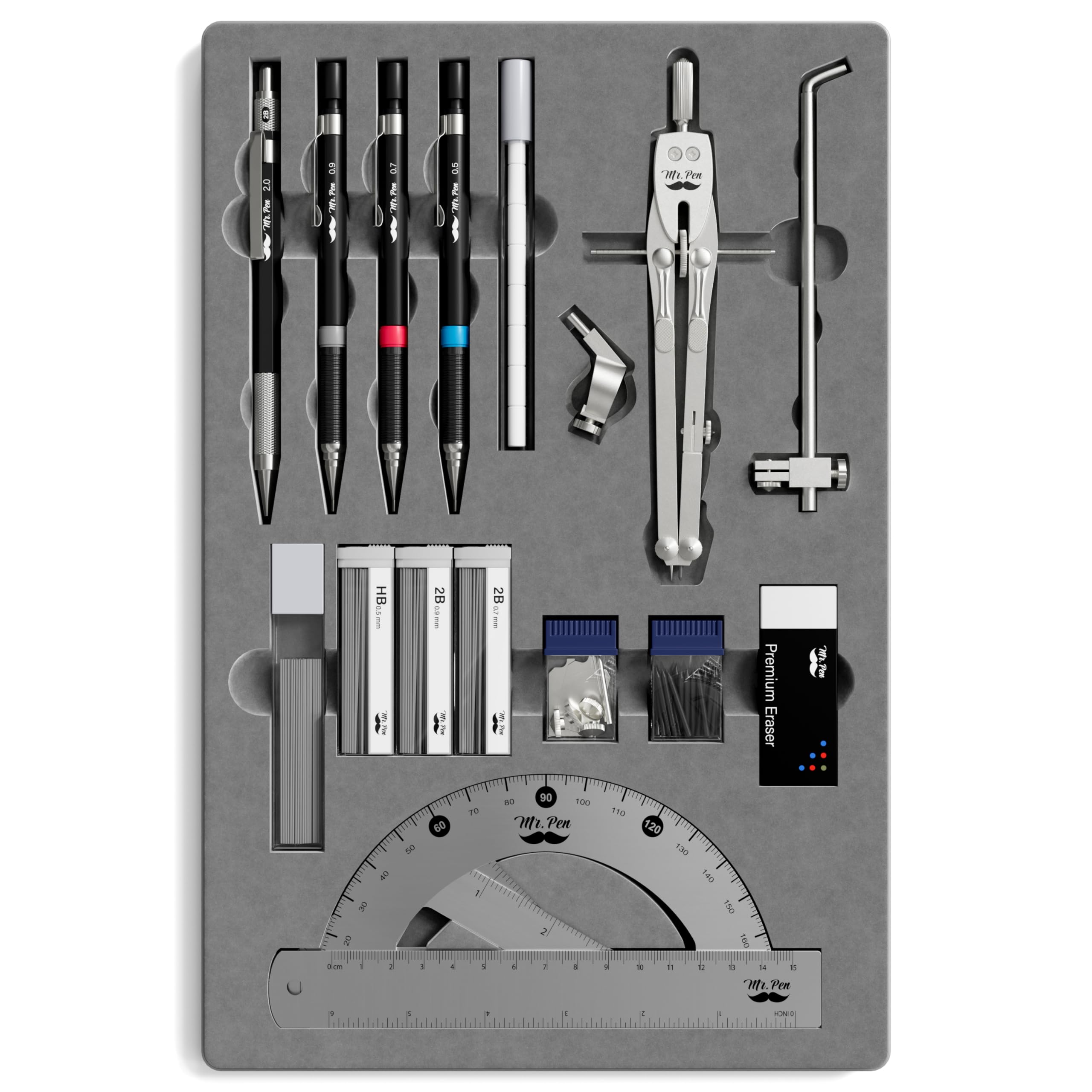 Mr. Pen- Professional Geometry Set, 17 Pcs, Silver Geometry Kit For Artists, Metal Rulers And Compasses, Mechanical Pencil Set,