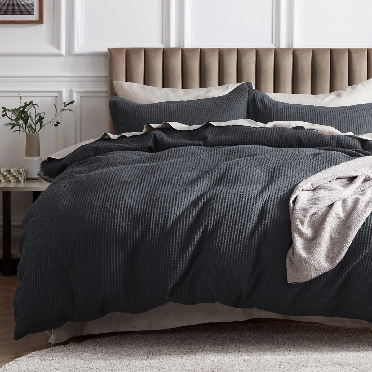 Bedsure Cotton Duvet Cover Set - 100% Cotton Waffle Weave Charcoal Duvet Cover Oversized Queen Size, Soft And Breathable Duvet C