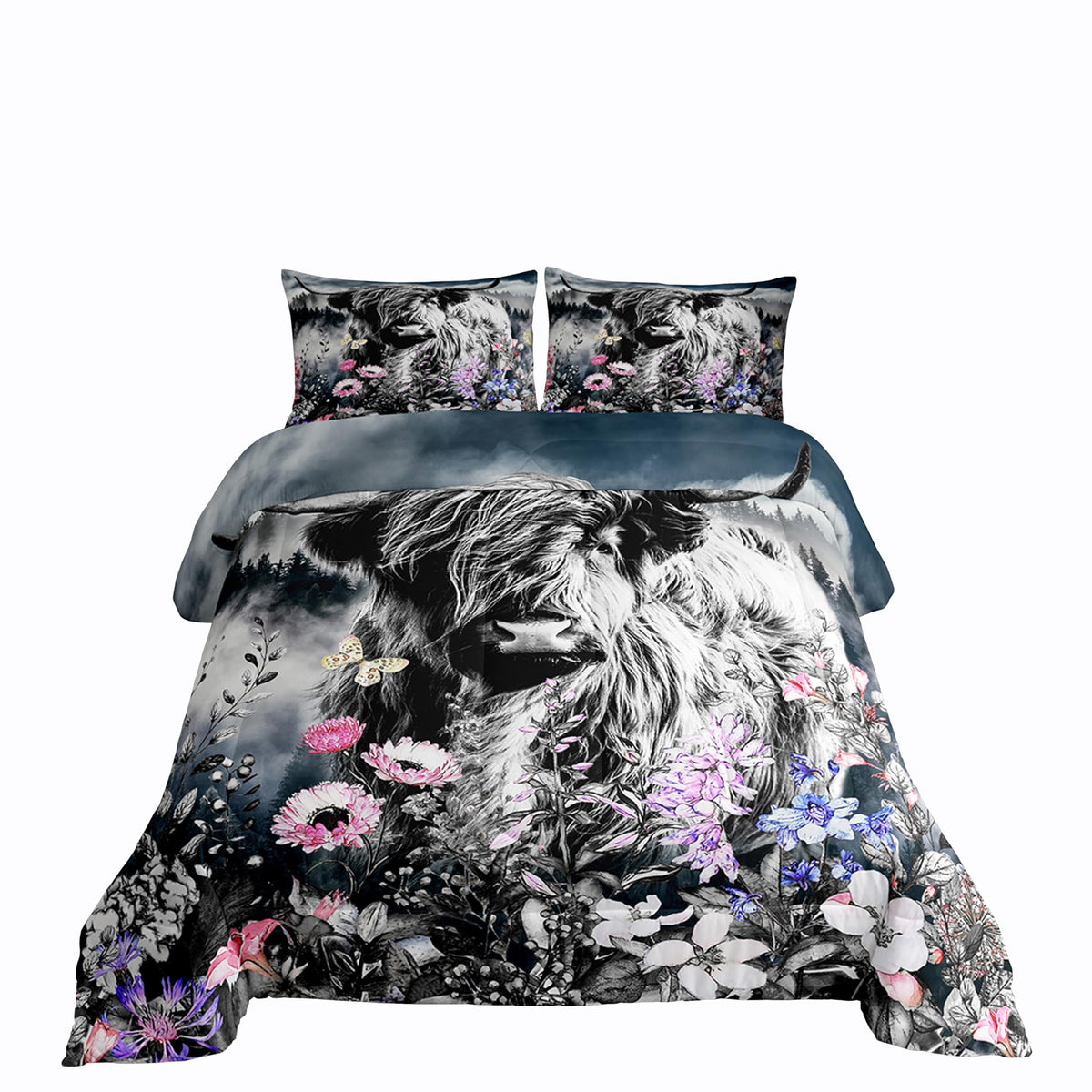 Highland Cow Flower Comforter Set Queen Size Bull Cattle Smoky Mountain Bedding Set Western Funny Animal Down Comforter Wildlife