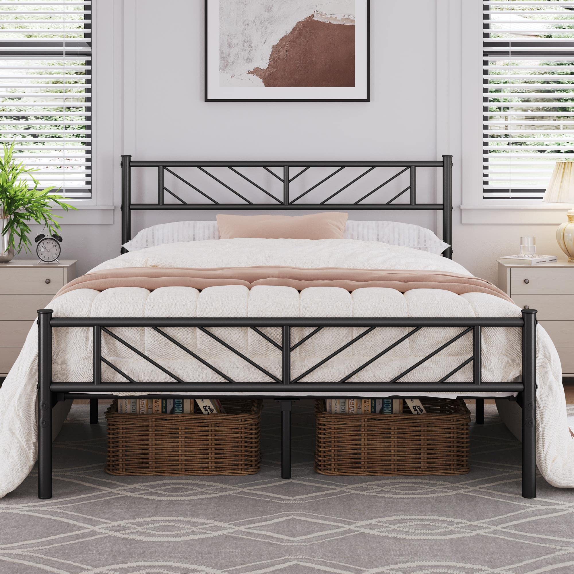 Yaheetech Queen Size Platform Bed Frame With Arrow Design Headboard, 13 Inches Metal Mattress Foundation For Storage, No Box Spring Needed, Easy Assembly, Modern, Black