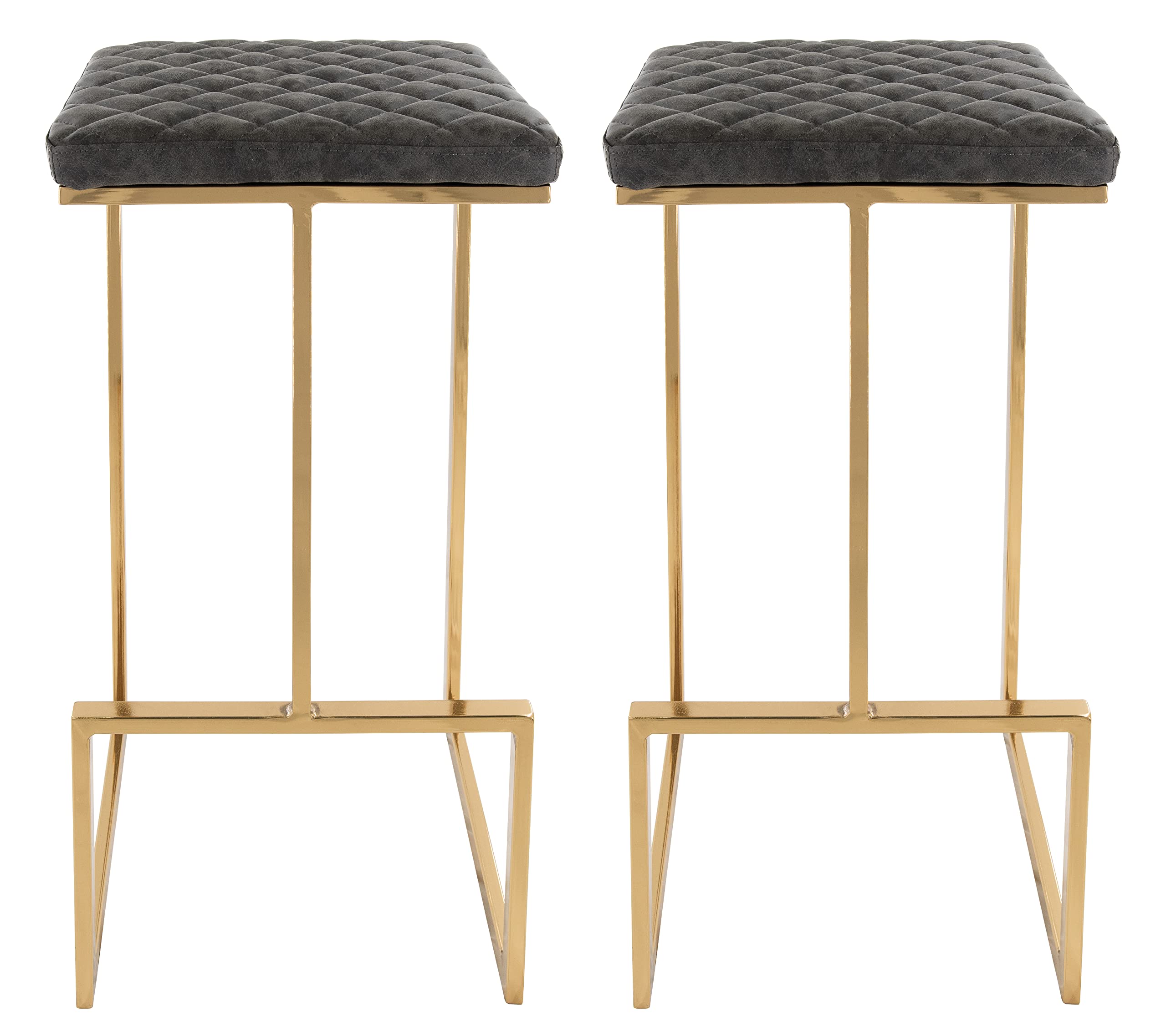 Leisuremod Quincy Quilted Stitched Leather Kitchen Counter Bar Stools With Gold Metal Frame Set Of 2 (Grey)