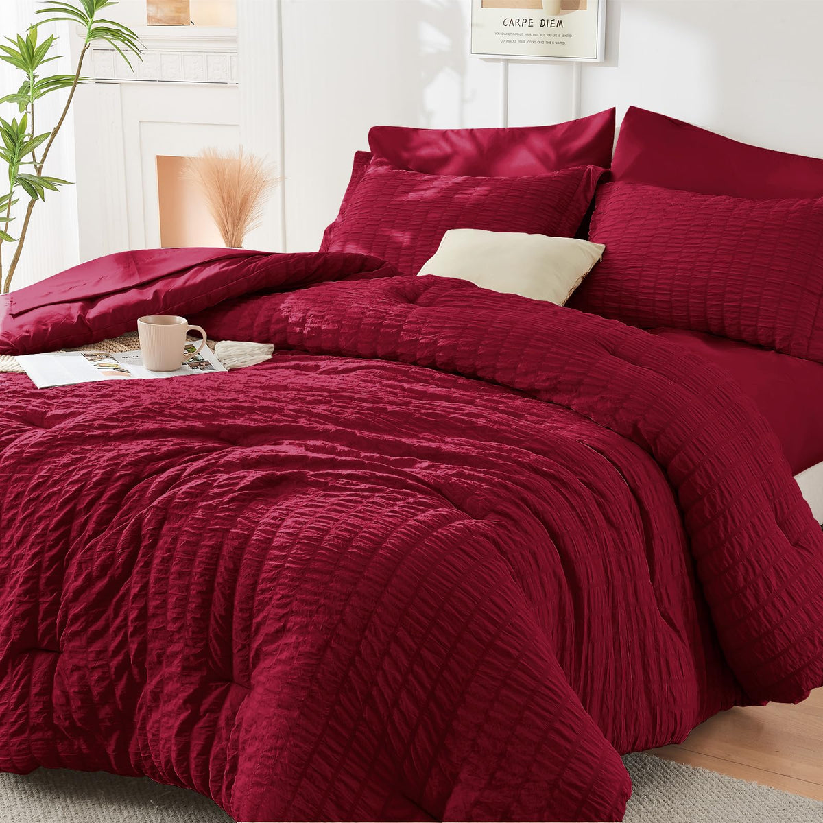 Hymokege Burgundy Full Size Comforter Sets Seersucker 7 Pieces, All Season Luxury Bed In A Bag For Bedroom, Bedding Set With Com