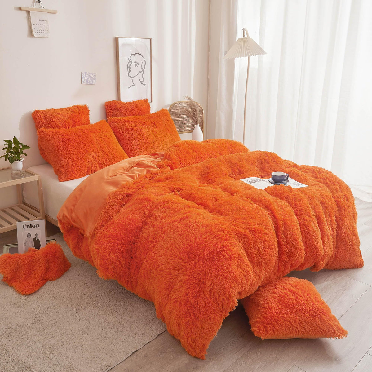 Xege Plush Faux Fur Duvet Cover Queen Size, Luxury Shaggy Fluffy Orange Comforter Cover 1 Pc, Soft Furry Fuzzy Velvet Bedding Wi