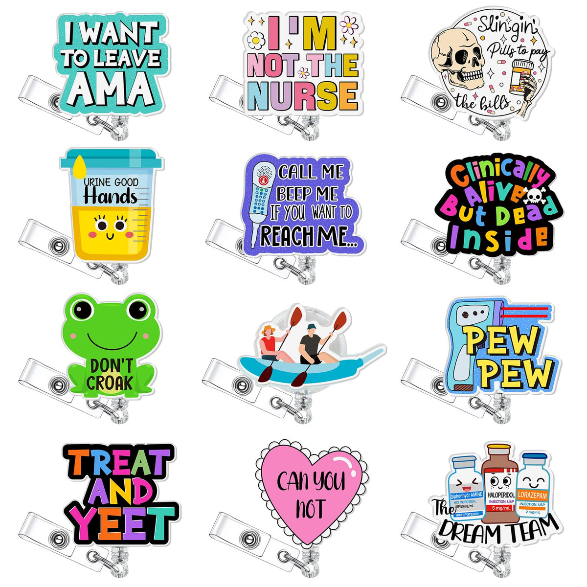 Yunlly 12 Pcs Funny Badge Reel Nurse Badge Reel Holder Retractable Id Clips For Doctor Student Men Women Office Nurses Lanyard S