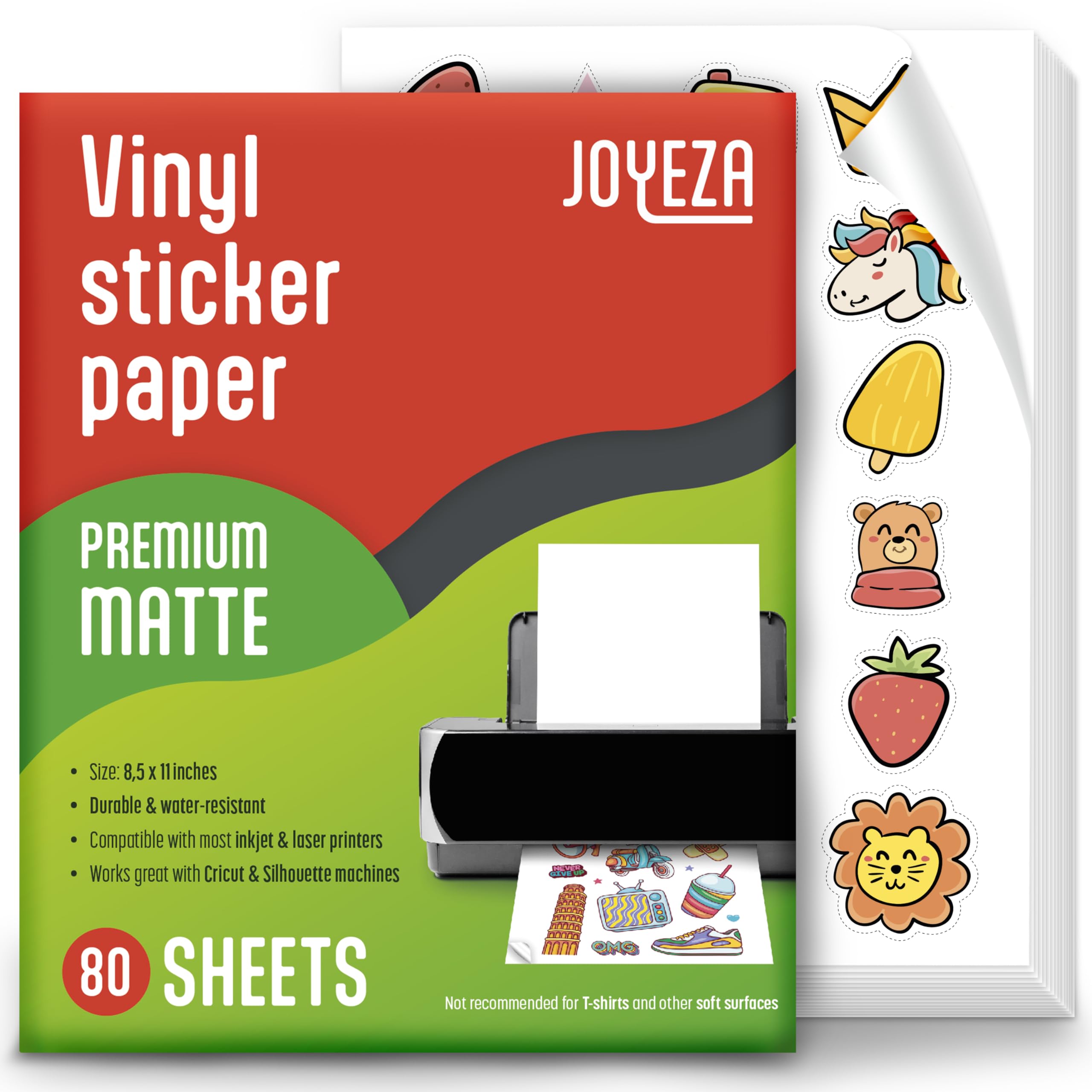 Joyeza Premium Printable Vinyl Sticker Paper For Inkjet Printer - 80 Sheets Matte White Waterproof, Dries Quickly Vivid Colors,