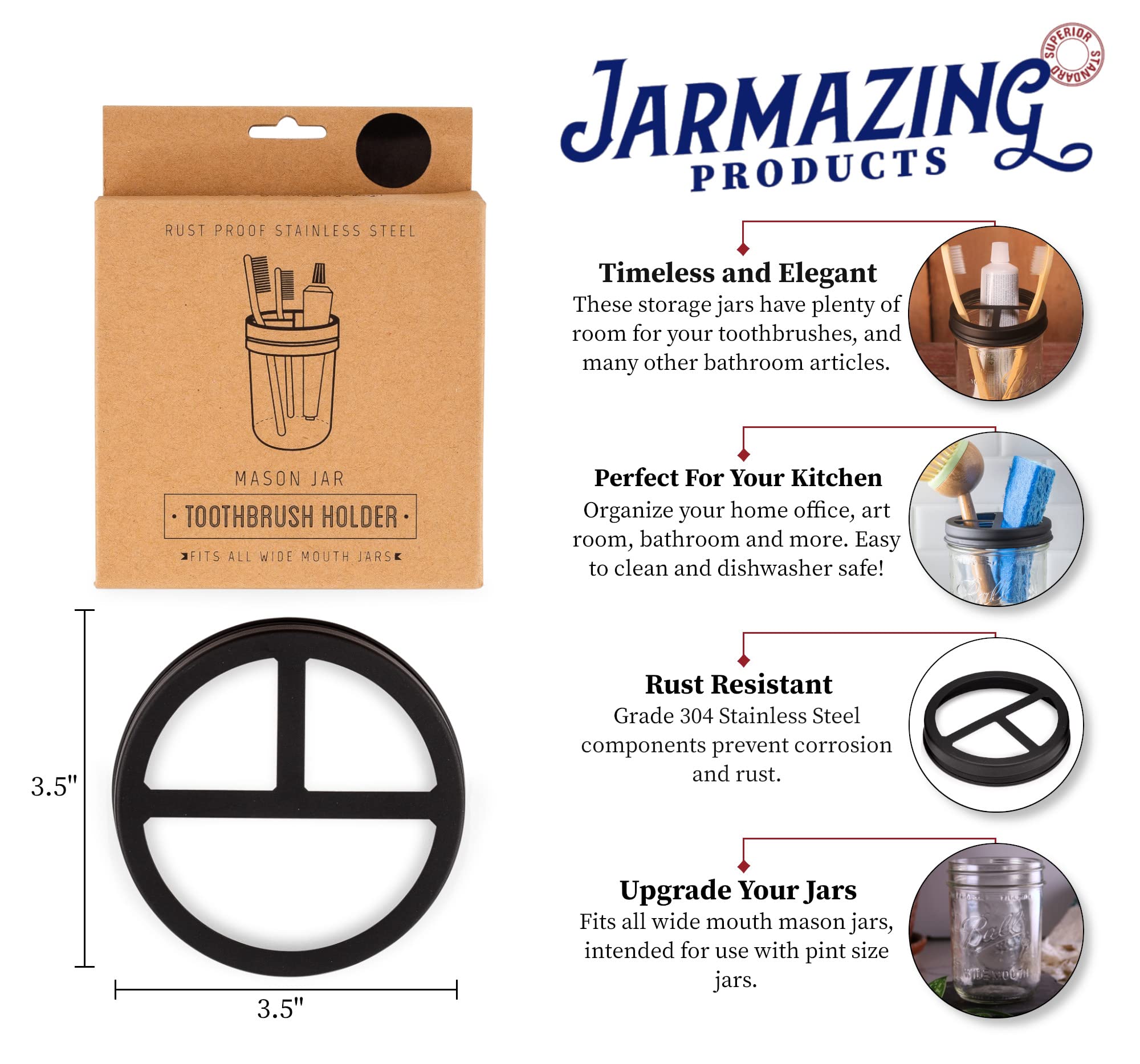 Jarmazing Products Mason Jar Toothbrush Holder Lid - Black - For Wide Mouth Jars - Made From Rust-Proof Stainless Steel