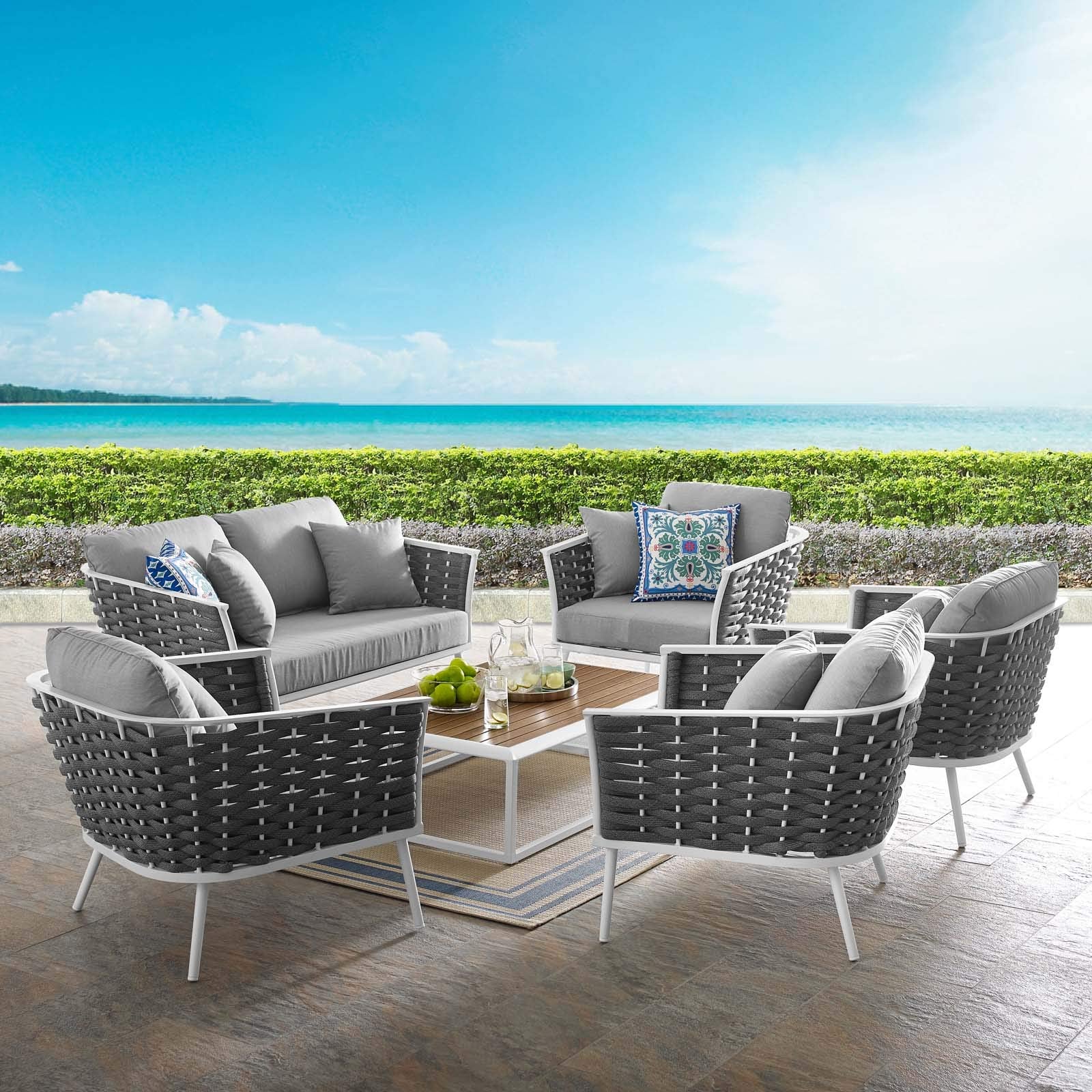 Modway Stance Outdoor Patio Aluminum Sectional Sofa Set, 6 Piece, White Gray