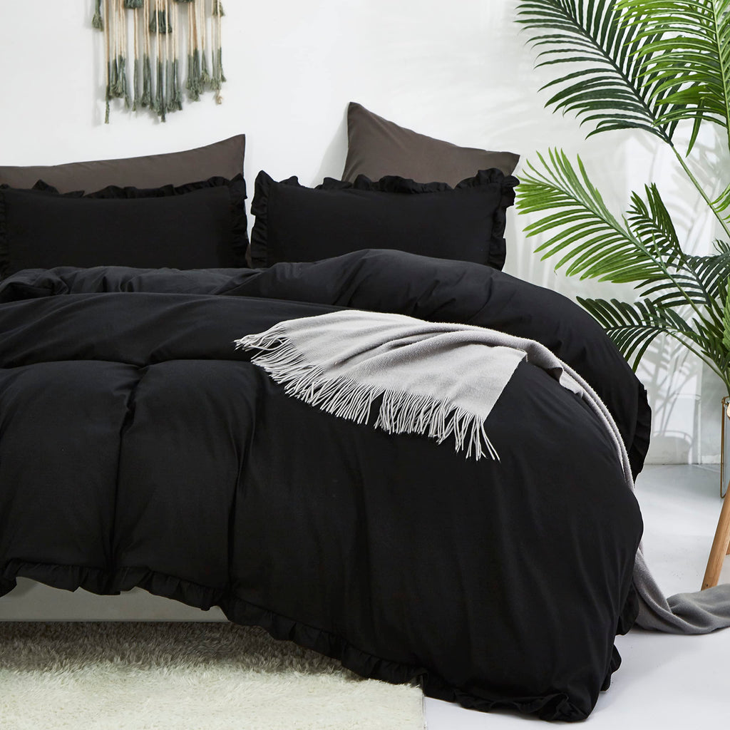Clothknow Black Comforter Set Full Black Ruffle Bedding Comforter Sets Full Men Boys Women Comforter All Black Bedding Ruffle Comforter Farmhouse Comforter Shabby Chic Bedding