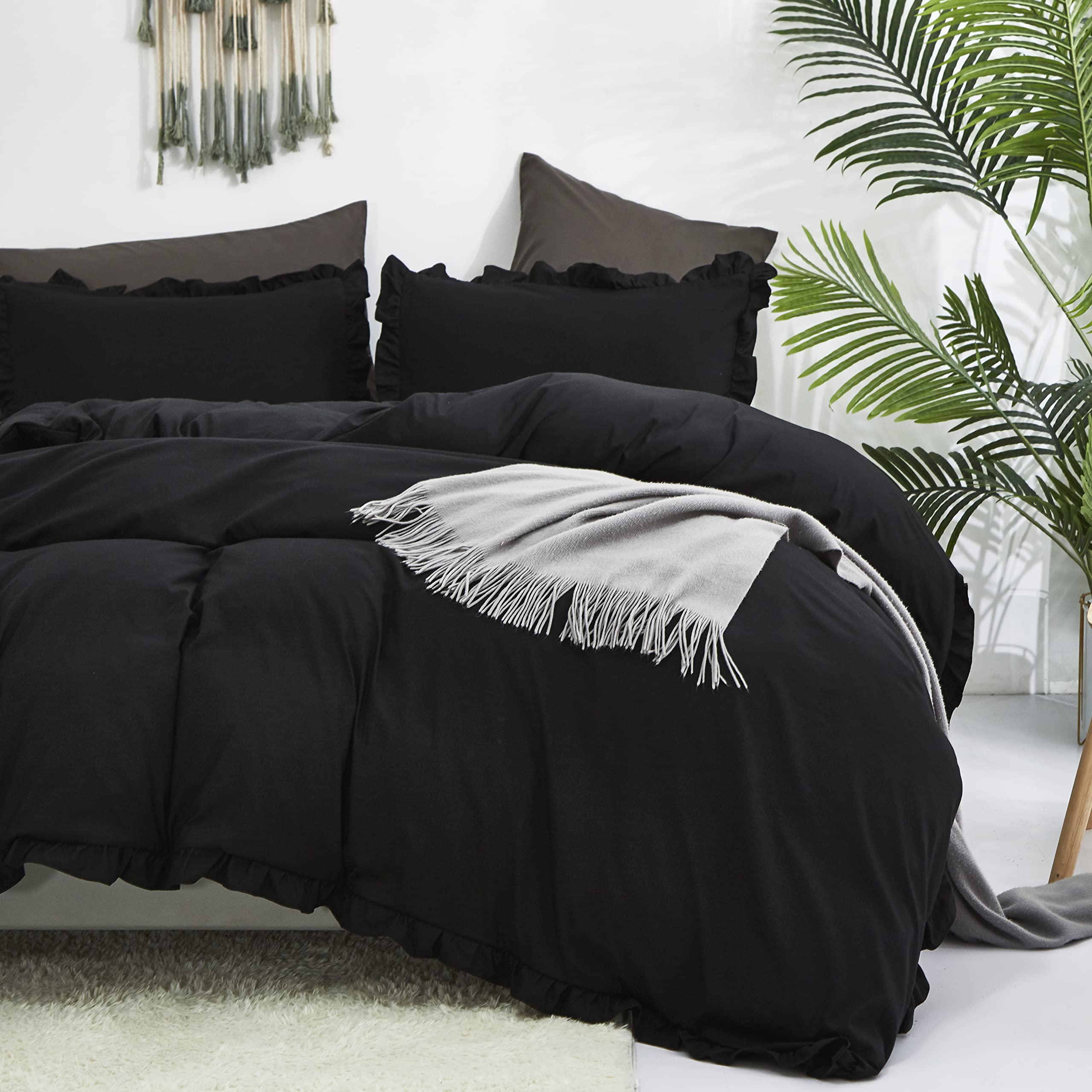 Clothknow Black Comforter Set Full Black Ruffle Bedding Comforter Sets Full Men Boys Women Comforter All Black Bedding Ruffle Comforter Farmhouse Comforter Shabby Chic Bedding