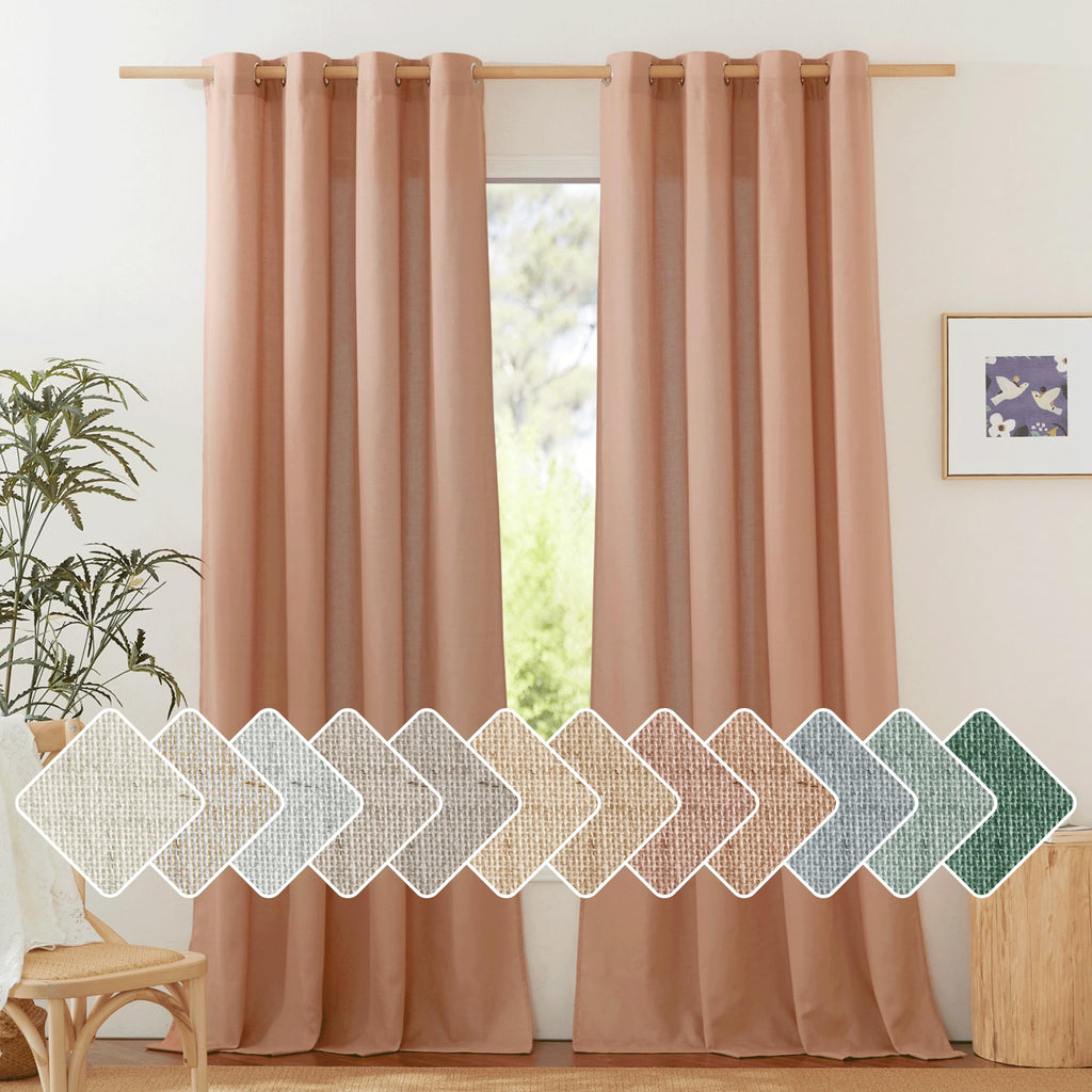 Nicetown Terracotta Linen Curtains For Girls Room, Grommet Privacy Added Thick Flax Linen Burlap Semi Sheer Light Filtering Window Treatments For Living Room, W55 X L90, 2 Panels
