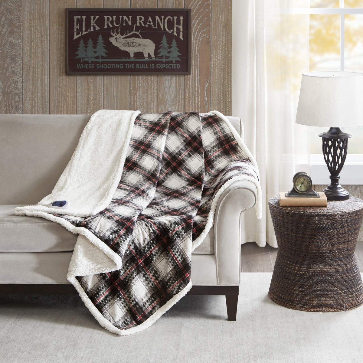 Woolrich Plaid Electric Blanket Throw Plush Reverse Sherpa Oversize With 3 Heat Level Setting Controller, 60X70, Ridley Black
