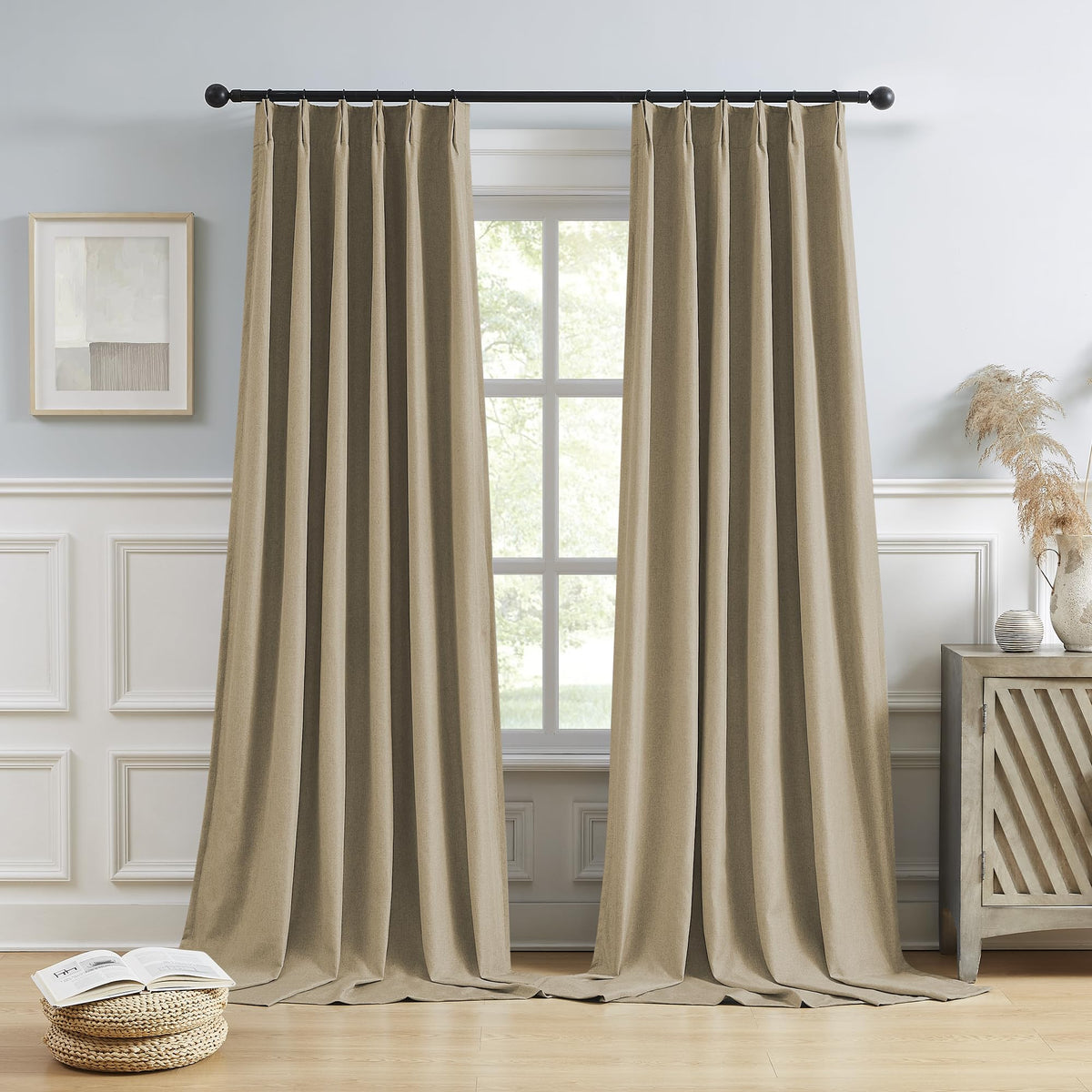 Dualife 104 Inch Linen Taupe Blackout Curtains For Bedroom,Pinch Pleated Custom Length Rustic Track System Full Black Out Therma