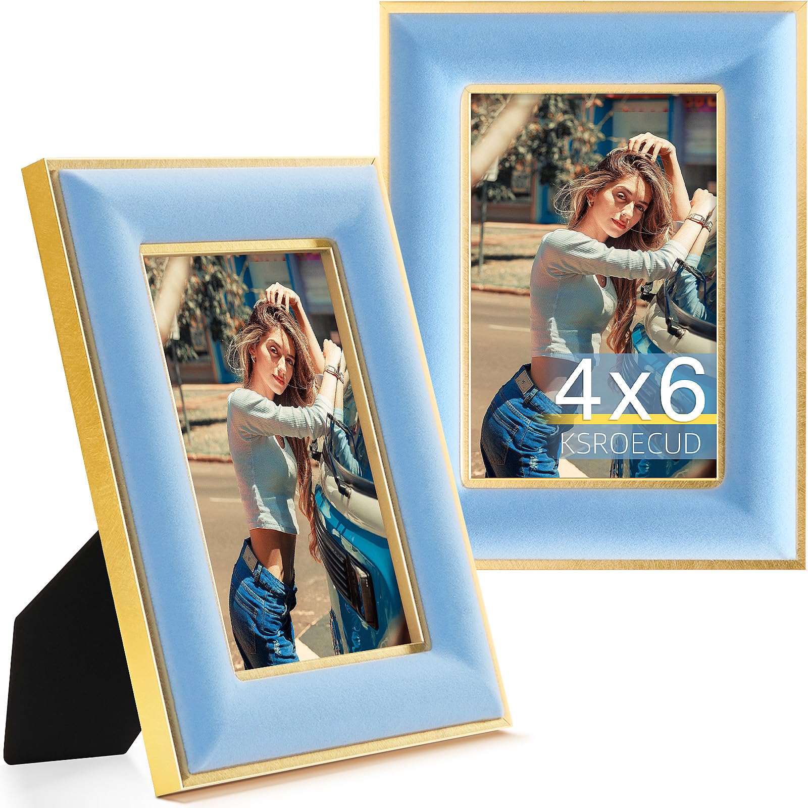 KSROECUD 4x6 Velvet Picture Frame, Spruce Blue Photo Frames with Modern Simple Metallic Gold Border, HD Real Glass Horizontal & 