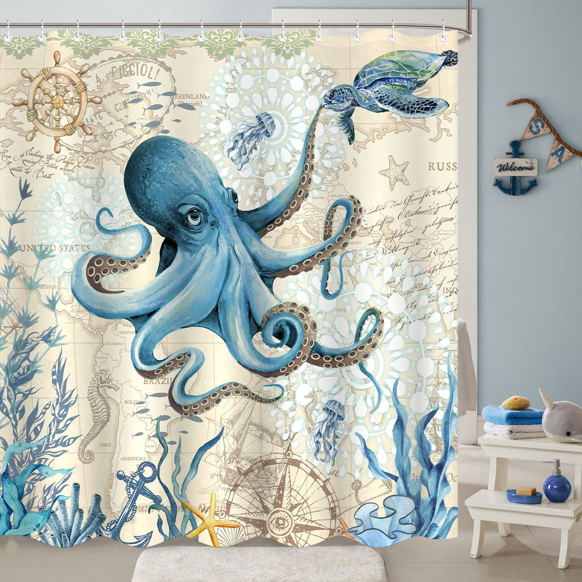 Aipon Nautical Octopus Shower Curtain Ocean Sea Turtle Beach Coastal Blue Fish Seashell Jellyfish Theme Extra Long Waterproof Fa