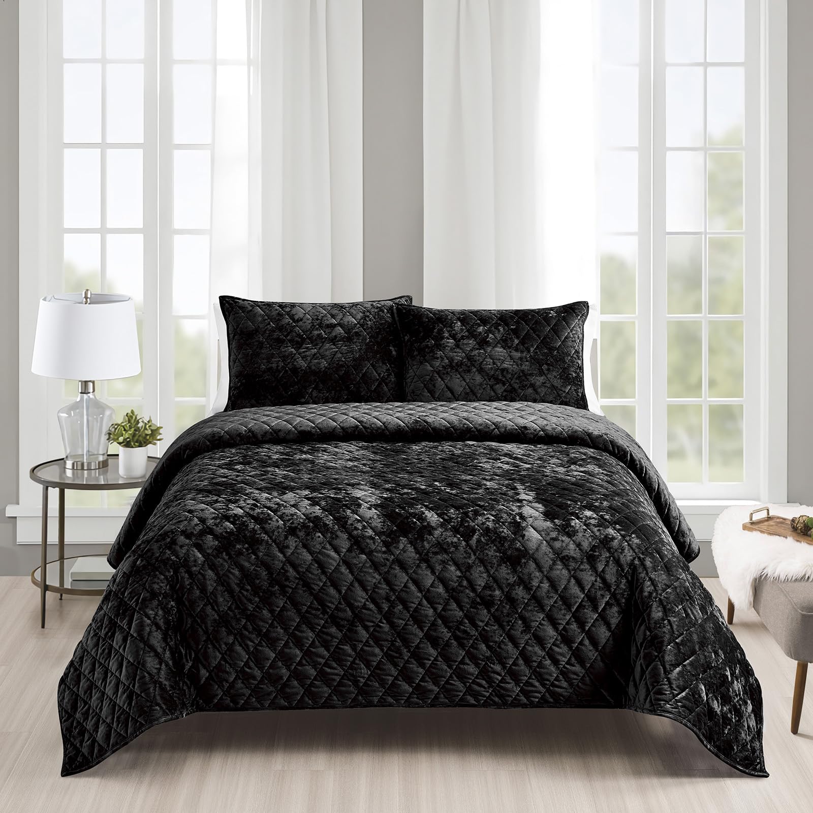 Fredsure Distressed Velvet Quilt Set, 3 Pieces Black Queen, Distressed Velvet Face And Brushed Microfiber Reverse With Diamond Q