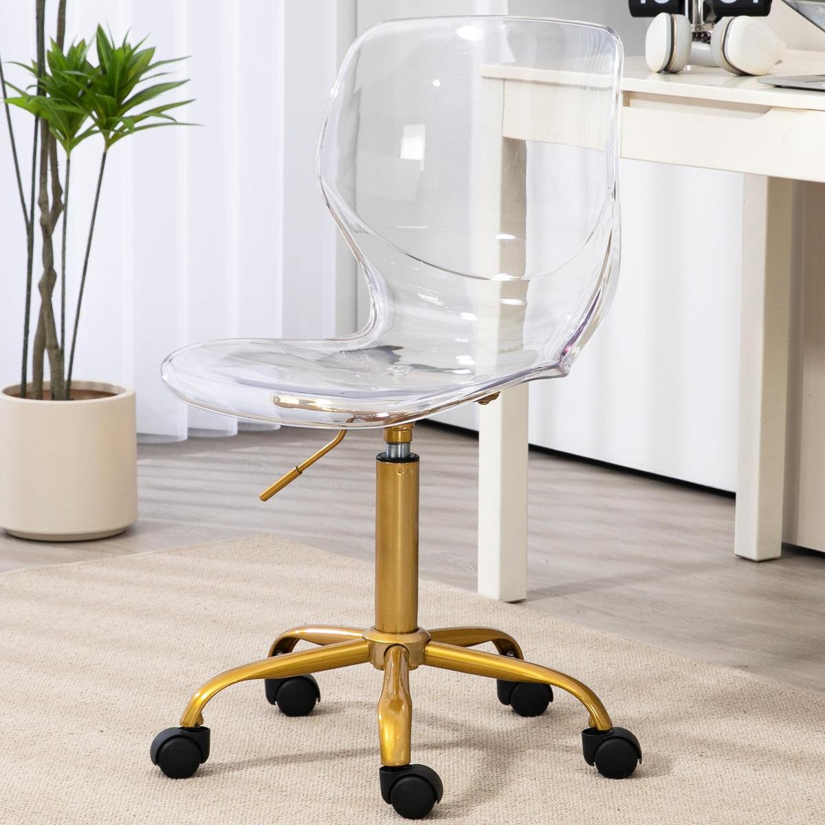Homefun Acrylic Desk Chair, Armless Clear Rolling Ghost Molded Plastic Shell Height Adjustable Home Office Chair With Wheels