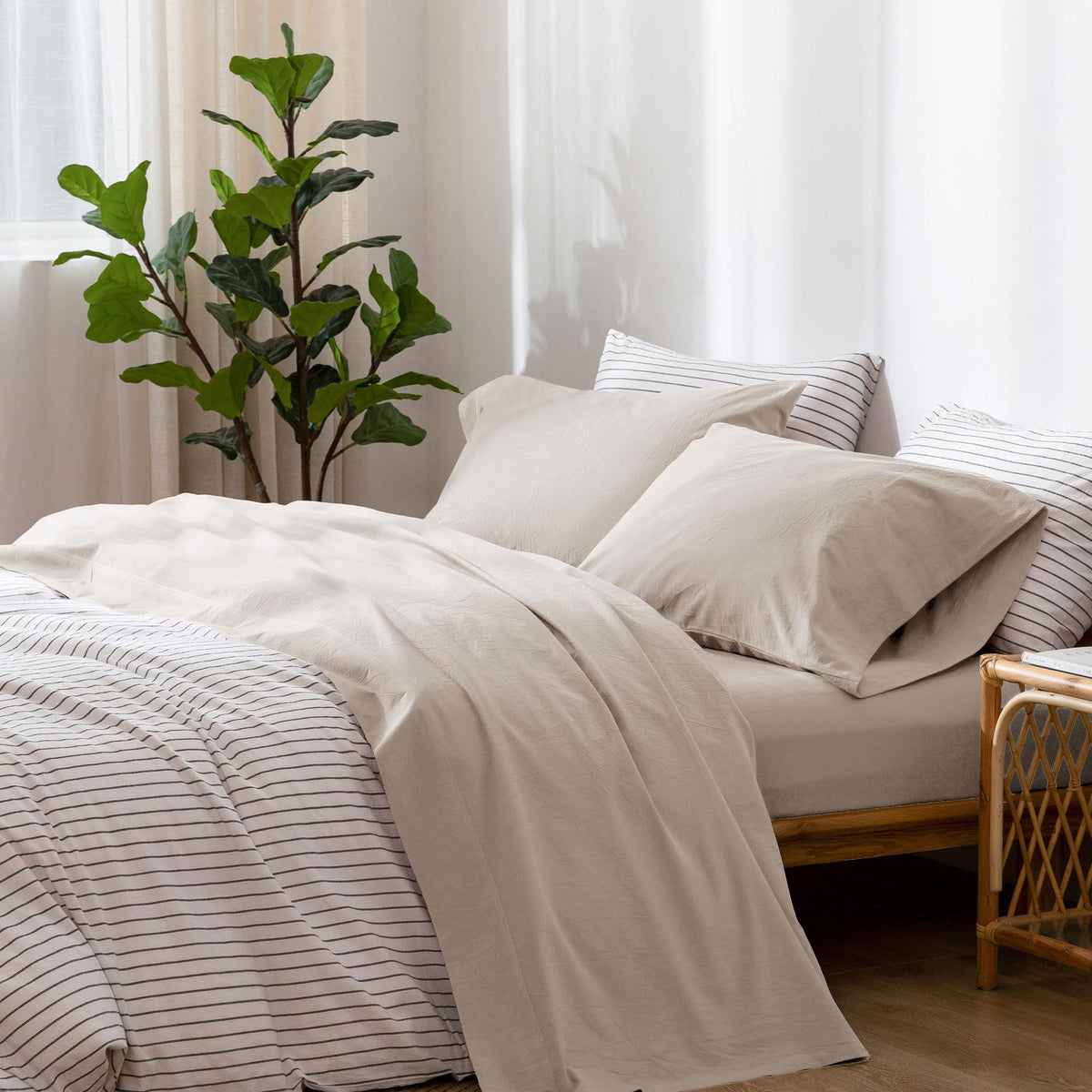 Moomee Bedding Sheet Set 100% Washed Cotton Linen Like Textured Breathable Durable Soft Comfy (Solid Light Tan, King)