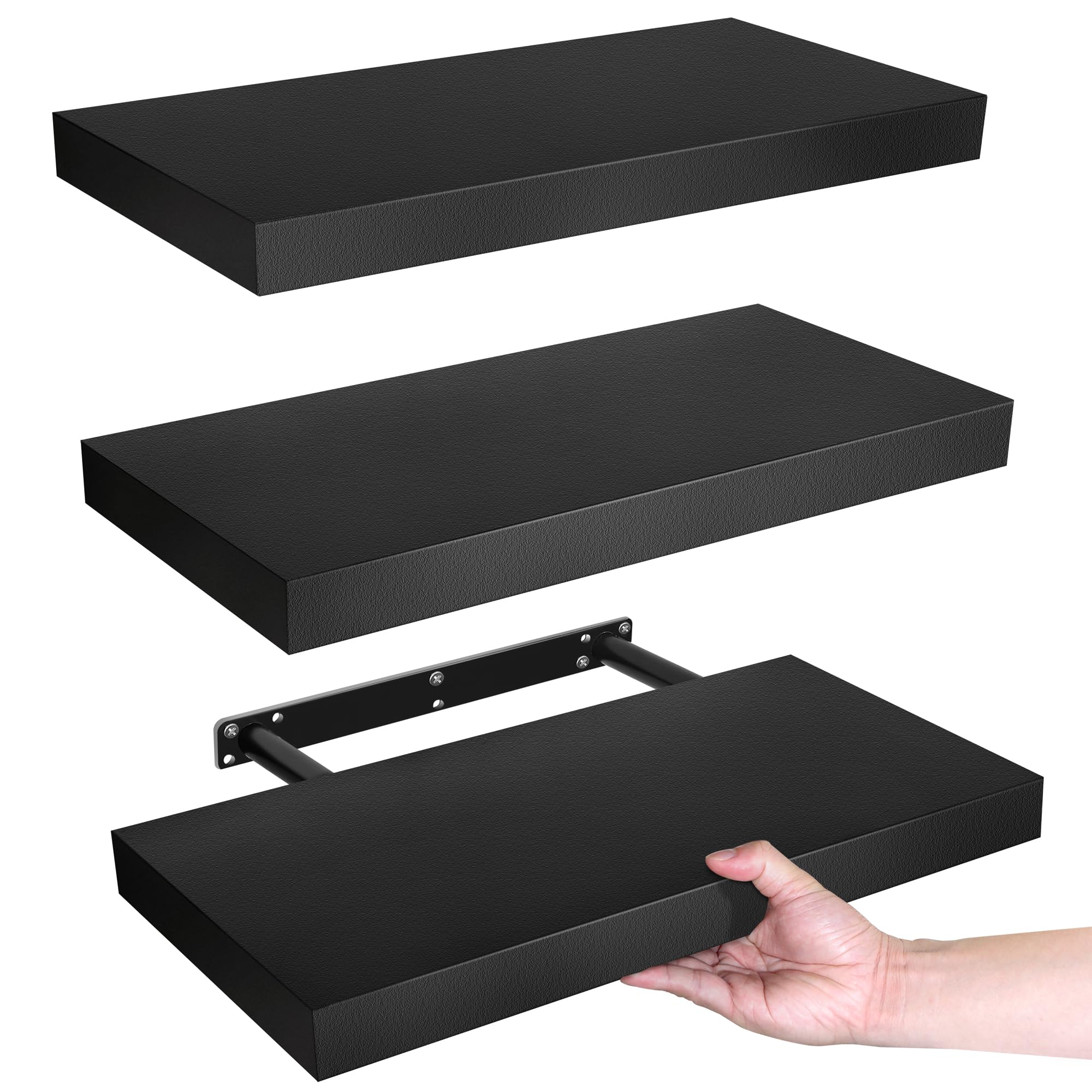 Lavie Home Floating Shelves, 15.6 Inch Wall Shelf Set Of 3, Hanging Shelf With Invisible Brackets, Wall Decor For Bathroom, Bedroom, Living Room, Kitchen Storage, Classic Black